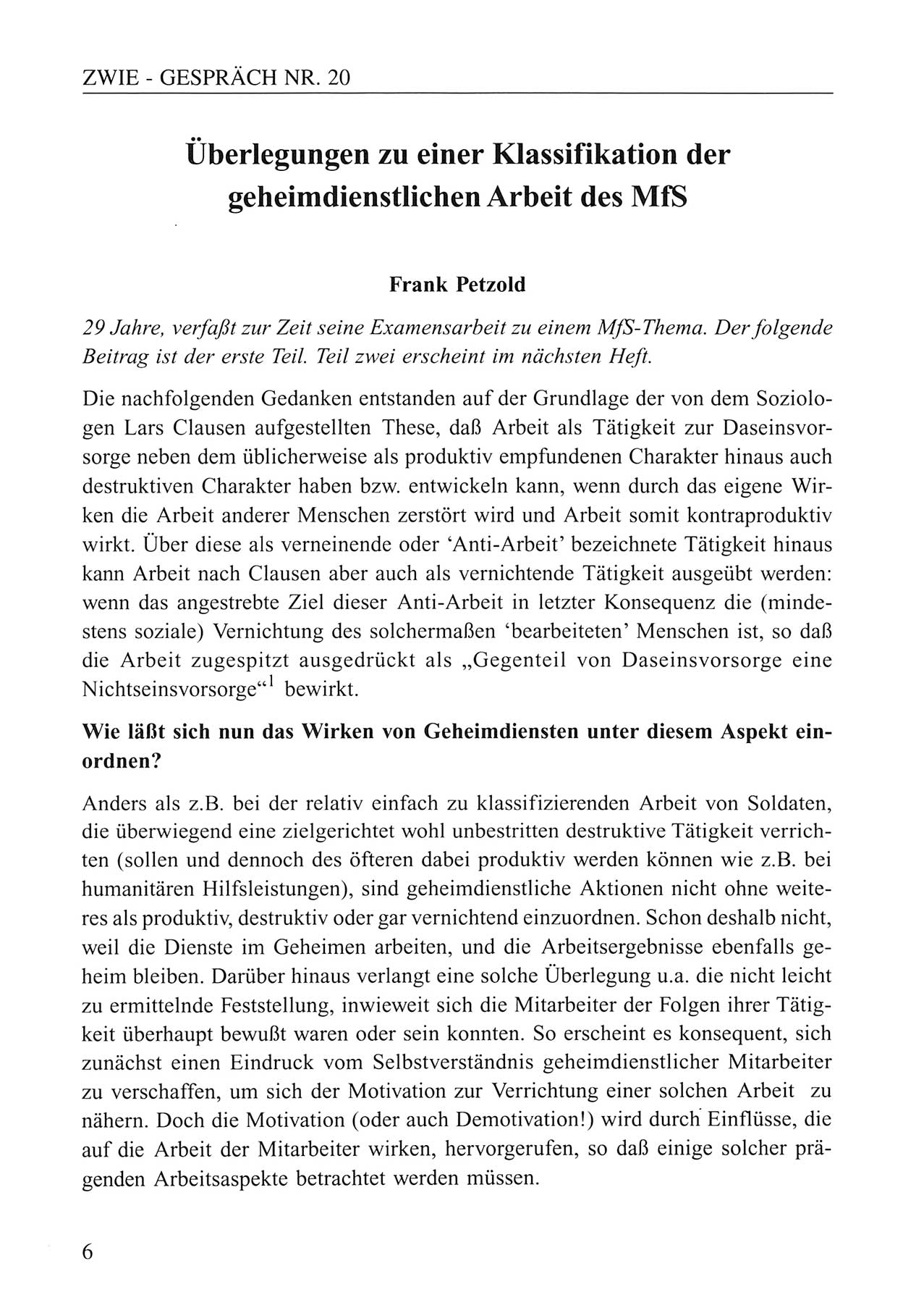 Zwie-Gespräch, Beiträge zum Umgang mit der Staatssicherheits-Vergangenheit [Deutsche Demokratische Republik (DDR)], Ausgabe Nr. 20, Berlin 1994, Seite 6 (Zwie-Gespr. Ausg. 20 1994, S. 6)