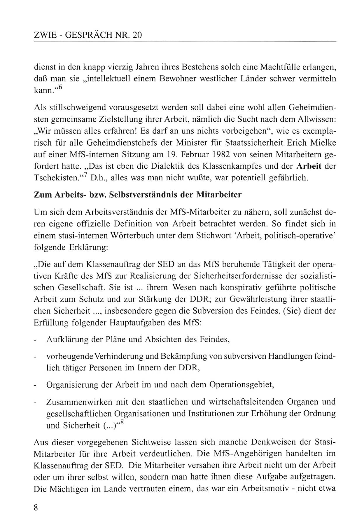 Zwie-Gespräch, Beiträge zum Umgang mit der Staatssicherheits-Vergangenheit [Deutsche Demokratische Republik (DDR)], Ausgabe Nr. 20, Berlin 1994, Seite 8 (Zwie-Gespr. Ausg. 20 1994, S. 8)