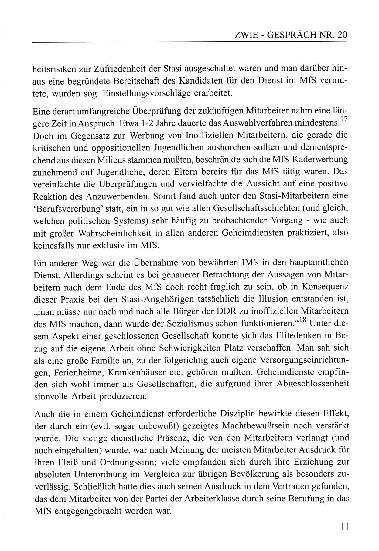 Zwie-Gespräch, Beiträge zum Umgang mit der Staatssicherheits-Vergangenheit [Deutsche Demokratische Republik (DDR)], Ausgabe Nr. 20, Berlin 1994, Seite 11 (Zwie-Gespr. Ausg. 20 1994, S. 11)