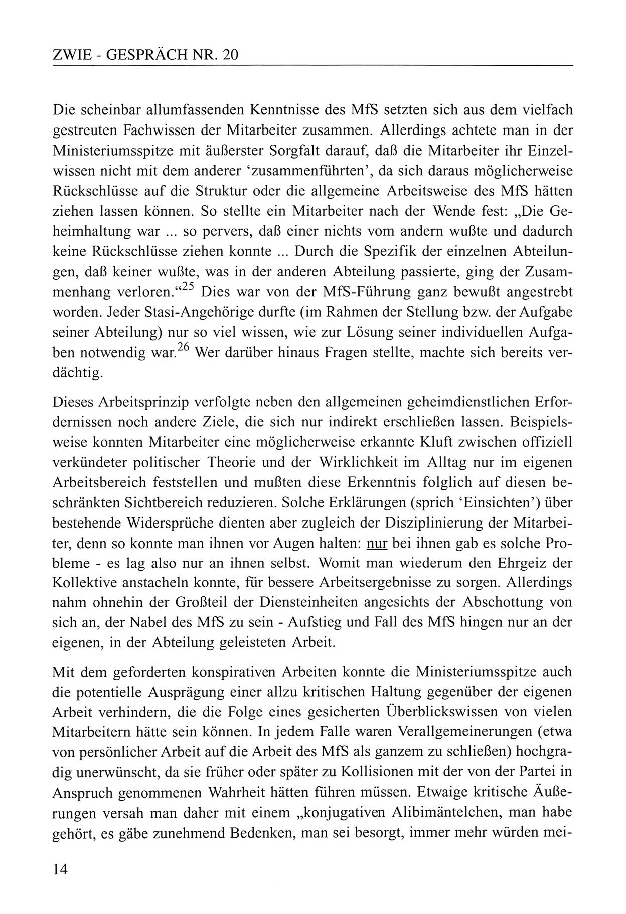 Zwie-Gespräch, Beiträge zum Umgang mit der Staatssicherheits-Vergangenheit [Deutsche Demokratische Republik (DDR)], Ausgabe Nr. 20, Berlin 1994, Seite 14 (Zwie-Gespr. Ausg. 20 1994, S. 14)