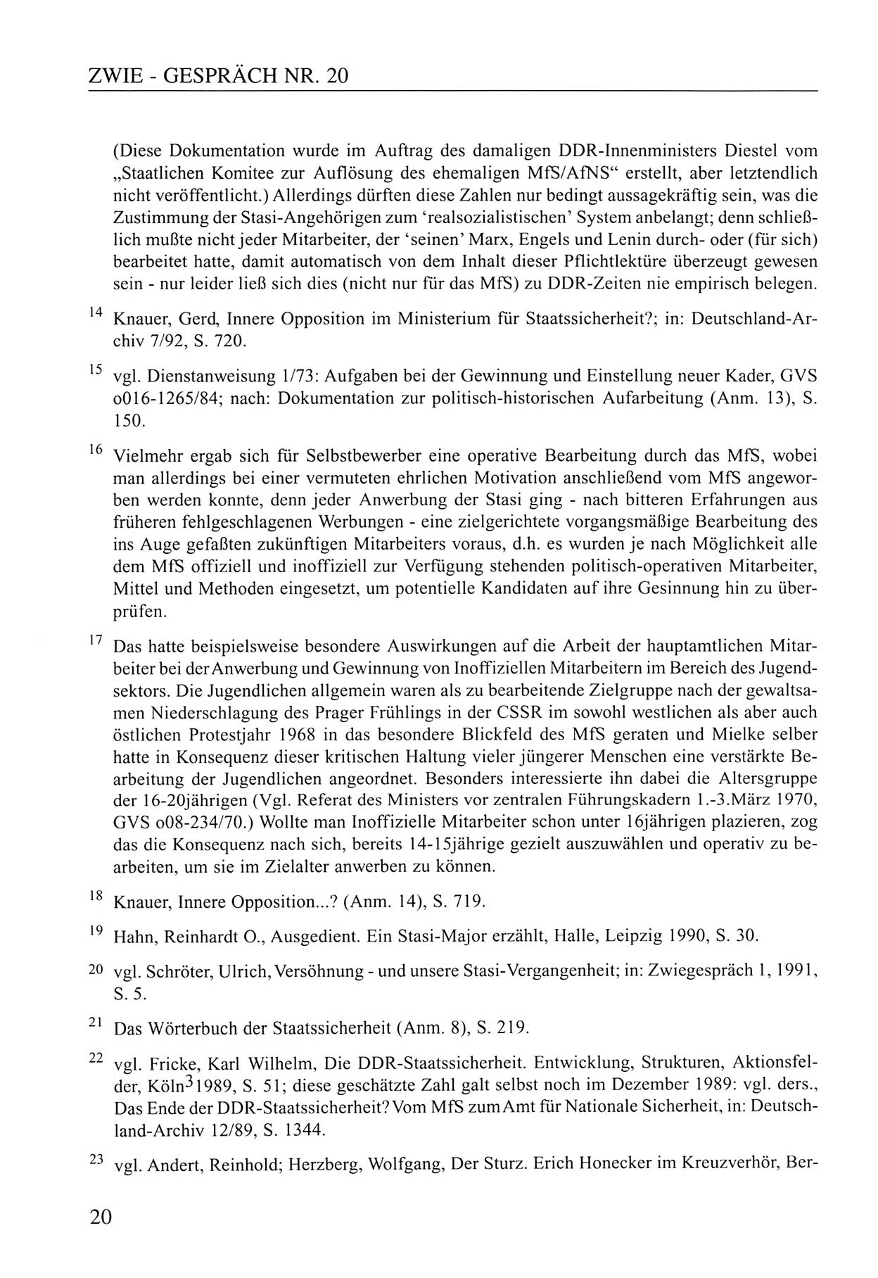 Zwie-Gespräch, Beiträge zum Umgang mit der Staatssicherheits-Vergangenheit [Deutsche Demokratische Republik (DDR)], Ausgabe Nr. 20, Berlin 1994, Seite 20 (Zwie-Gespr. Ausg. 20 1994, S. 20)