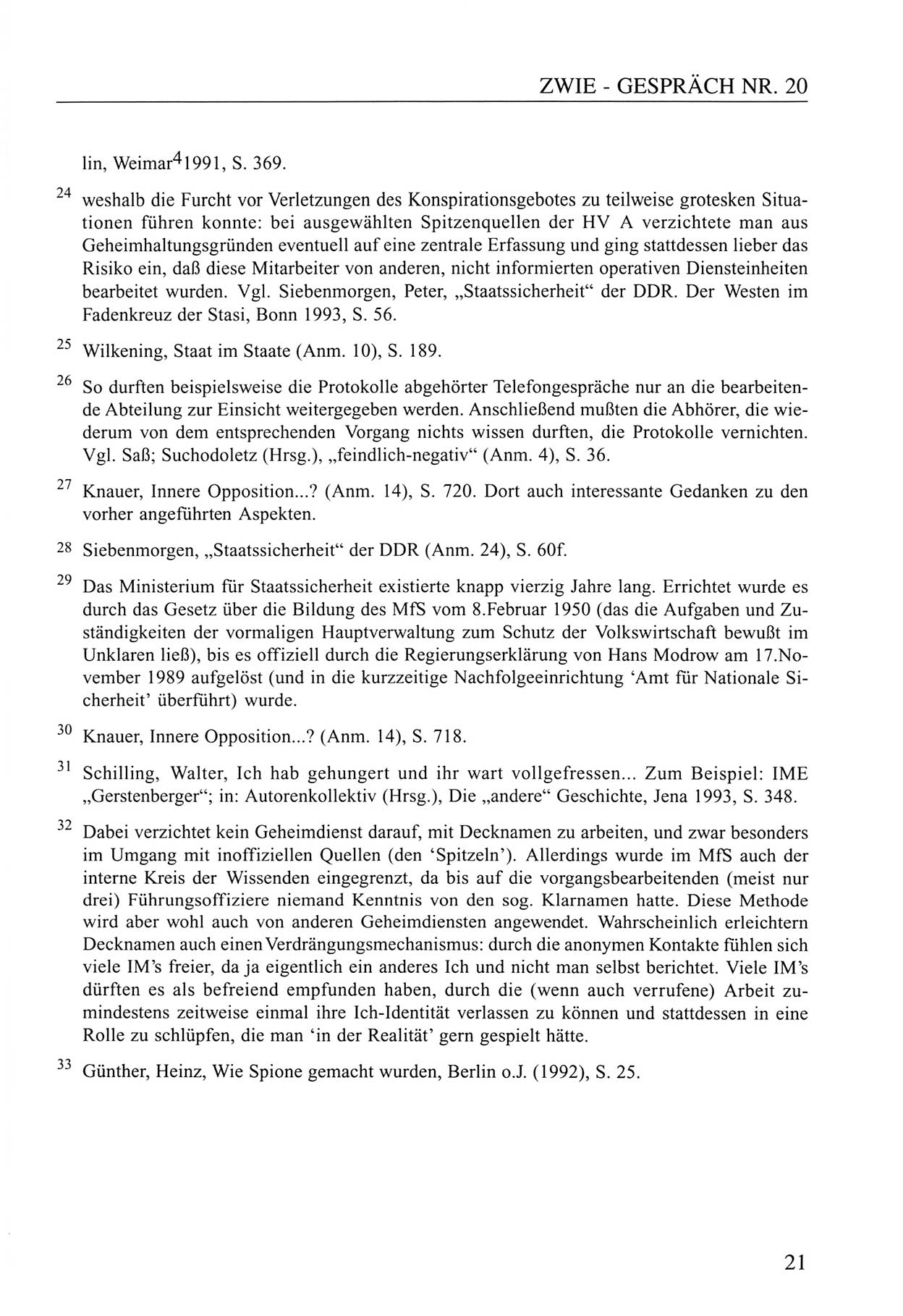 Zwie-Gespräch, Beiträge zum Umgang mit der Staatssicherheits-Vergangenheit [Deutsche Demokratische Republik (DDR)], Ausgabe Nr. 20, Berlin 1994, Seite 21 (Zwie-Gespr. Ausg. 20 1994, S. 21)