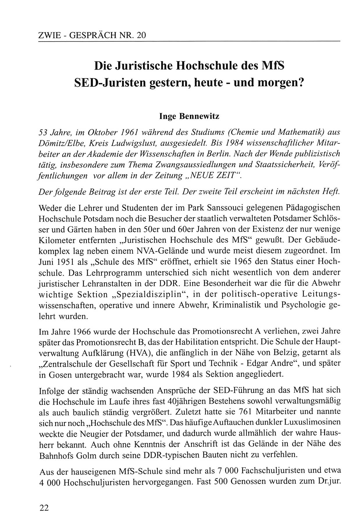 Zwie-Gespräch, Beiträge zum Umgang mit der Staatssicherheits-Vergangenheit [Deutsche Demokratische Republik (DDR)], Ausgabe Nr. 20, Berlin 1994, Seite 22 (Zwie-Gespr. Ausg. 20 1994, S. 22)