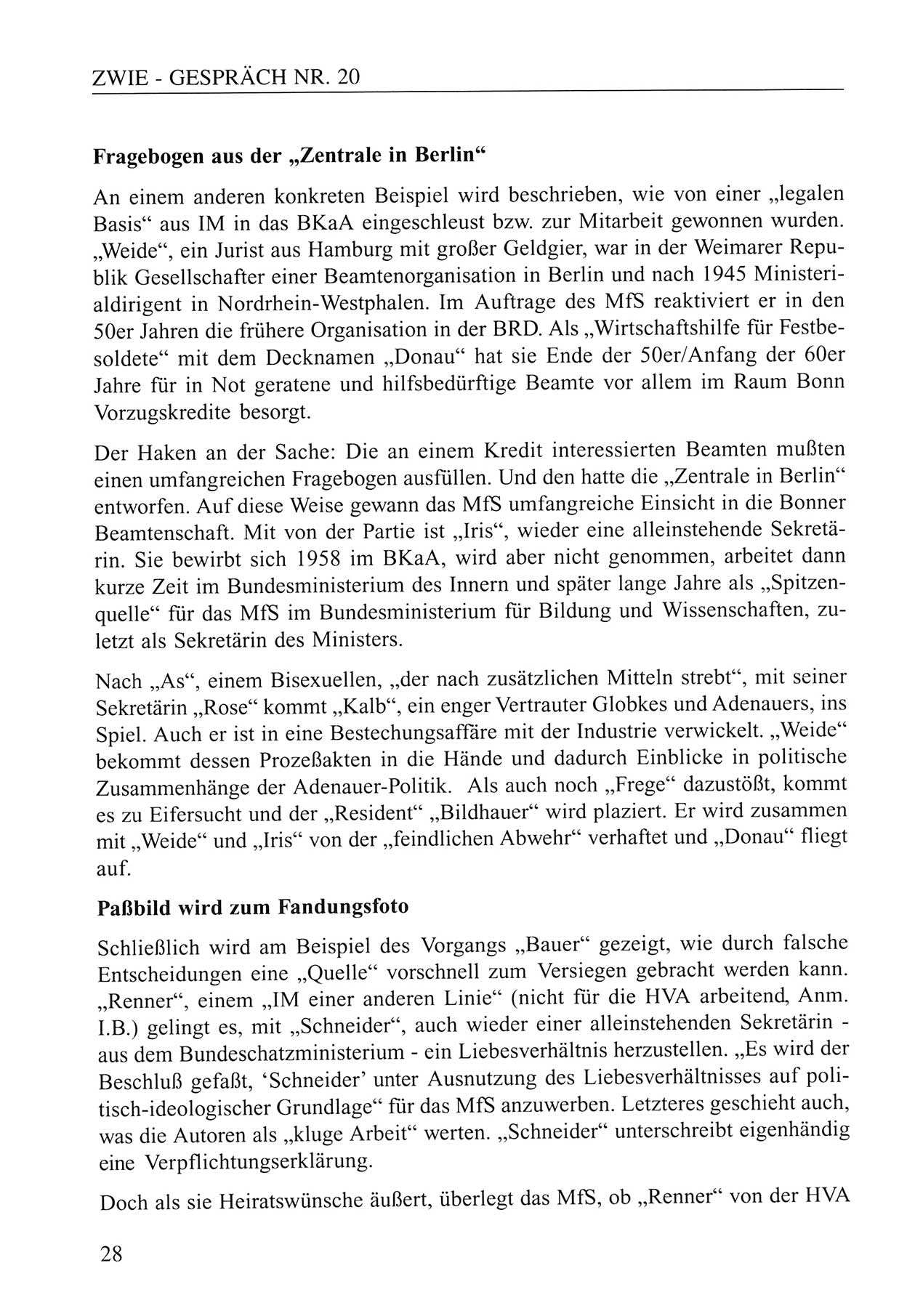 Zwie-Gespräch, Beiträge zum Umgang mit der Staatssicherheits-Vergangenheit [Deutsche Demokratische Republik (DDR)], Ausgabe Nr. 20, Berlin 1994, Seite 28 (Zwie-Gespr. Ausg. 20 1994, S. 28)