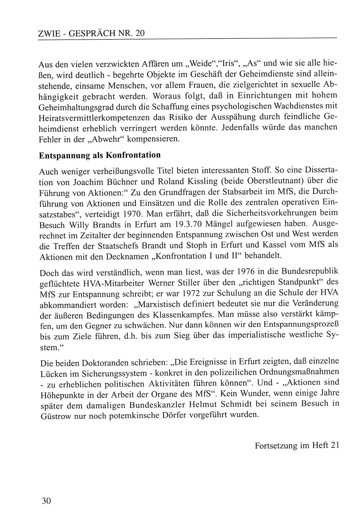 Zwie-Gespräch, Beiträge zum Umgang mit der Staatssicherheits-Vergangenheit [Deutsche Demokratische Republik (DDR)], Ausgabe Nr. 20, Berlin 1994, Seite 30 (Zwie-Gespr. Ausg. 20 1994, S. 30)