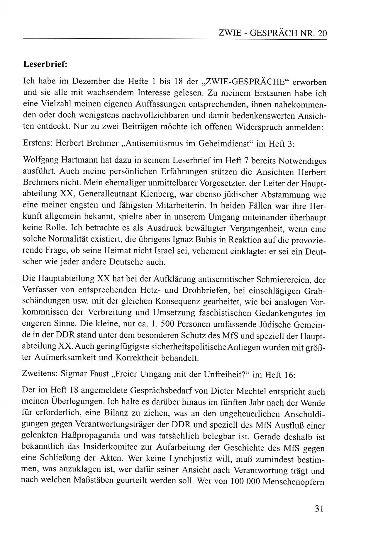 Zwie-Gespräch, Beiträge zum Umgang mit der Staatssicherheits-Vergangenheit [Deutsche Demokratische Republik (DDR)], Ausgabe Nr. 20, Berlin 1994, Seite 31 (Zwie-Gespr. Ausg. 20 1994, S. 31)