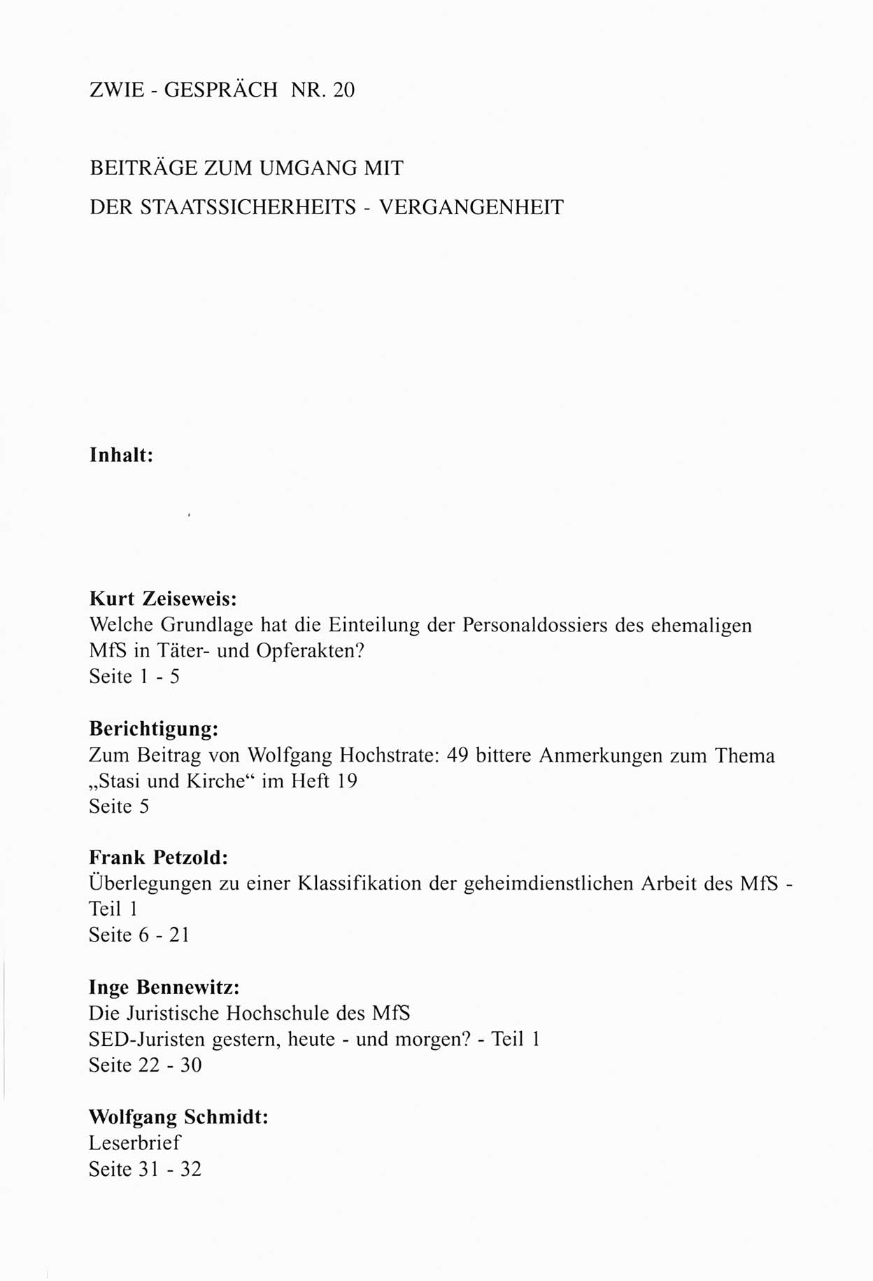 Zwie-Gespräch, Beiträge zum Umgang mit der Staatssicherheits-Vergangenheit [Deutsche Demokratische Republik (DDR)], Ausgabe Nr. 20, Berlin 1994, Seite 33 (Zwie-Gespr. Ausg. 20 1994, S. 33)