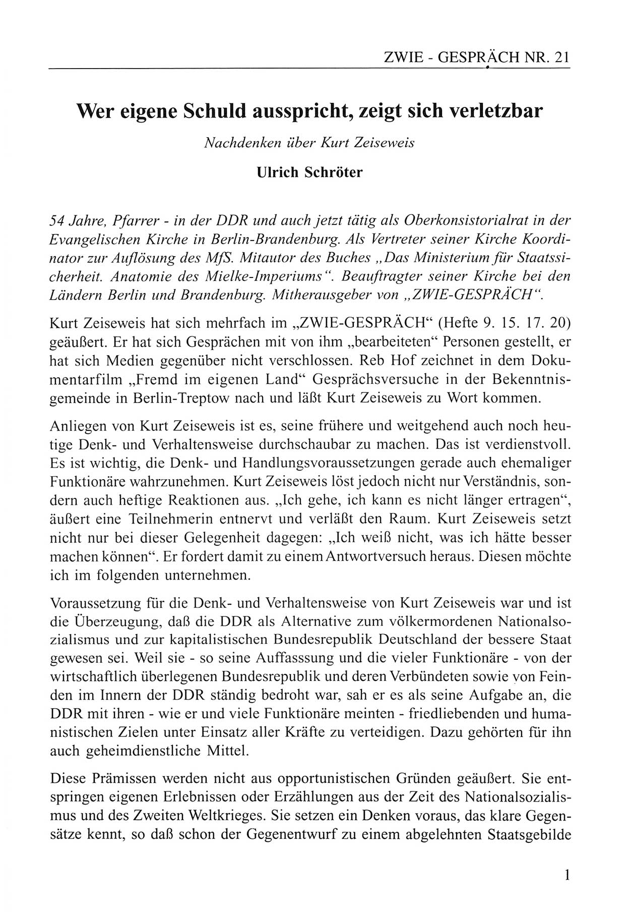 Zwie-Gespräch, Beiträge zum Umgang mit der Staatssicherheits-Vergangenheit [Deutsche Demokratische Republik (DDR)], Ausgabe Nr. 21, Berlin 1994, Seite 1 (Zwie-Gespr. Ausg. 21 1994, S. 1)