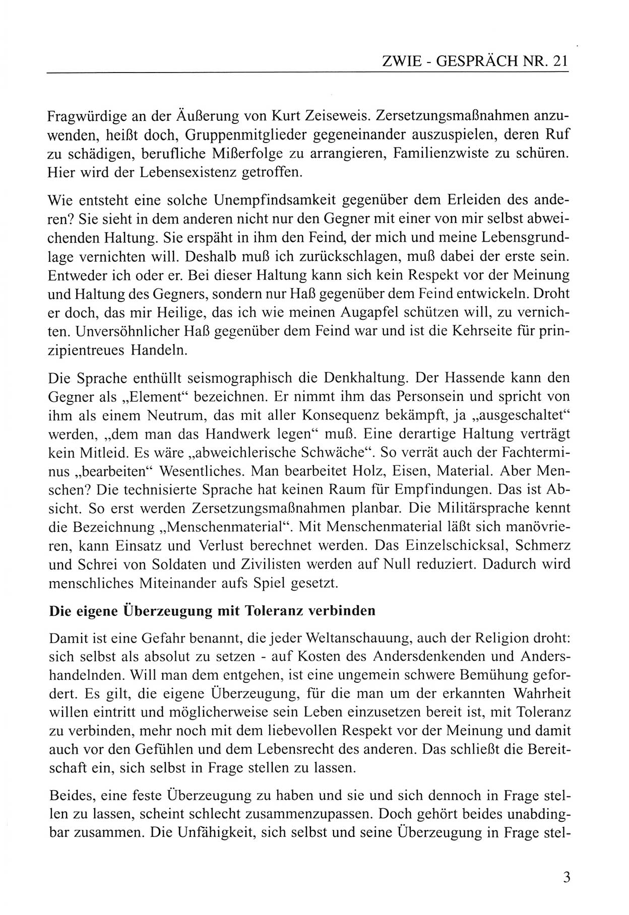 Zwie-Gespräch, Beiträge zum Umgang mit der Staatssicherheits-Vergangenheit [Deutsche Demokratische Republik (DDR)], Ausgabe Nr. 21, Berlin 1994, Seite 3 (Zwie-Gespr. Ausg. 21 1994, S. 3)