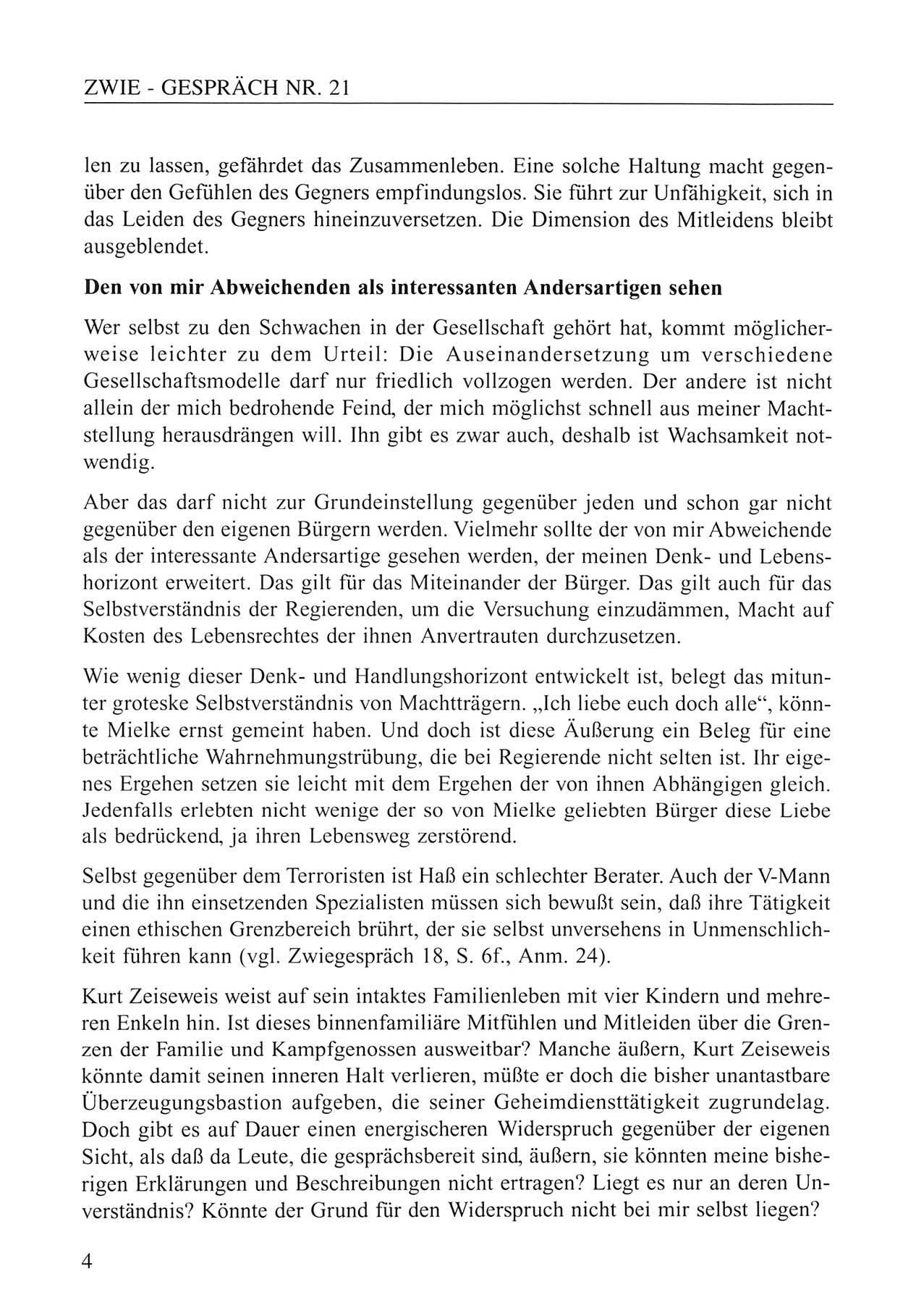 Zwie-Gespräch, Beiträge zum Umgang mit der Staatssicherheits-Vergangenheit [Deutsche Demokratische Republik (DDR)], Ausgabe Nr. 21, Berlin 1994, Seite 4 (Zwie-Gespr. Ausg. 21 1994, S. 4)