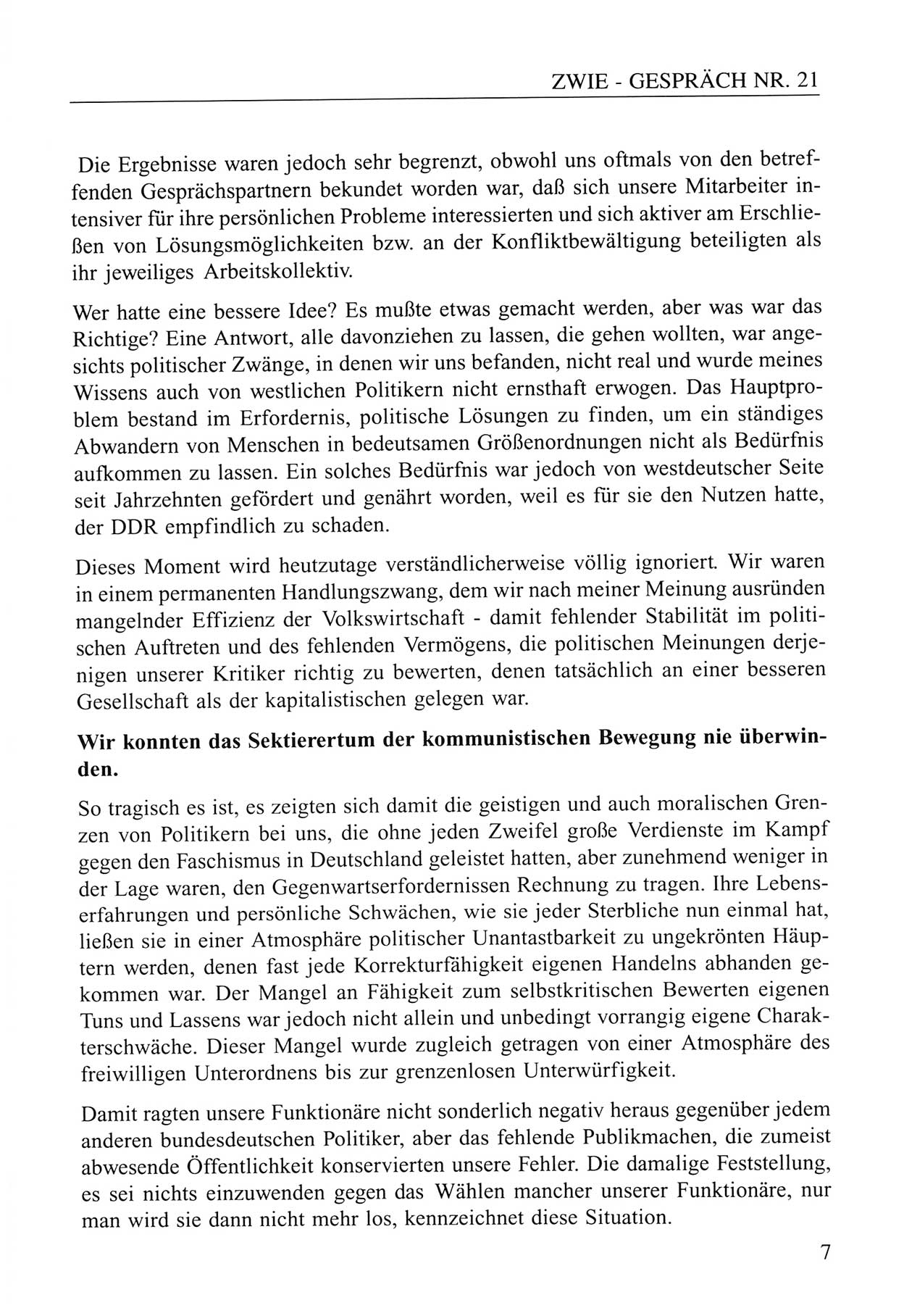 Zwie-GesprÃ¤ch, BeitrÃ¤ge zum Umgang mit der Staatssicherheits-Vergangenheit [Deutsche Demokratische Republik (DDR)], Ausgabe Nr. 21, Berlin 1994, Seite 7 (Zwie-Gespr. Ausg. 21 1994, S. 7)