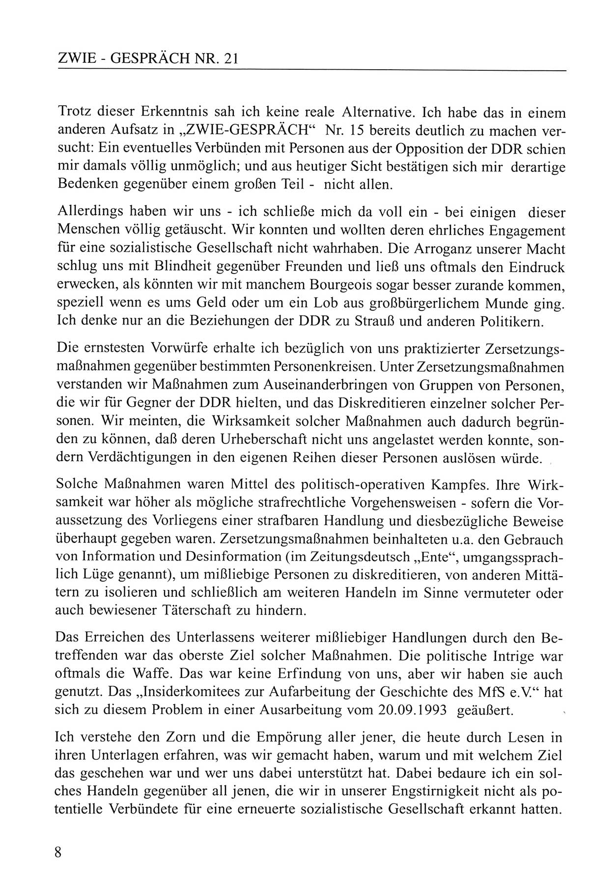 Zwie-Gespräch, Beiträge zum Umgang mit der Staatssicherheits-Vergangenheit [Deutsche Demokratische Republik (DDR)], Ausgabe Nr. 21, Berlin 1994, Seite 8 (Zwie-Gespr. Ausg. 21 1994, S. 8)