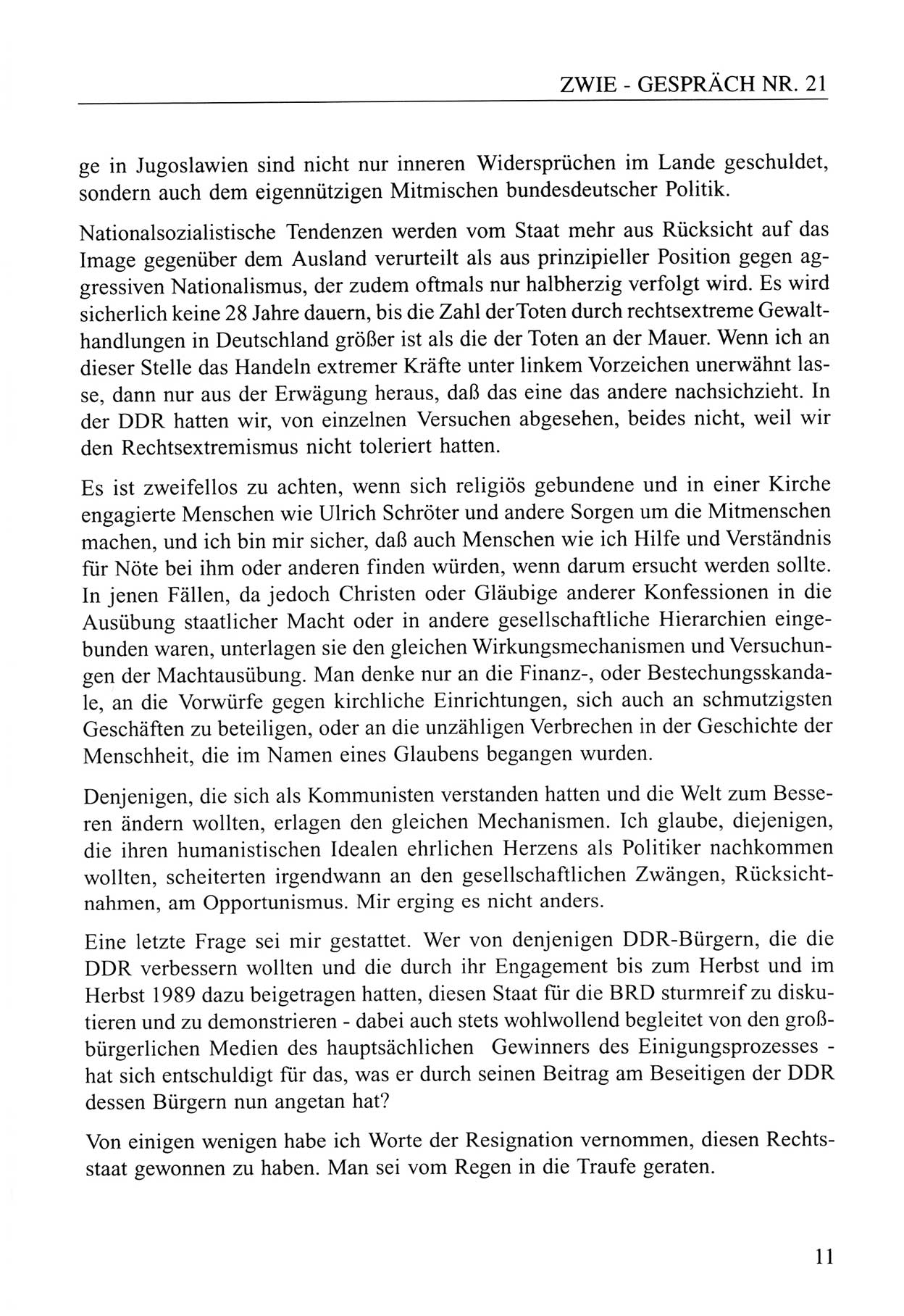Zwie-Gespräch, Beiträge zum Umgang mit der Staatssicherheits-Vergangenheit [Deutsche Demokratische Republik (DDR)], Ausgabe Nr. 21, Berlin 1994, Seite 11 (Zwie-Gespr. Ausg. 21 1994, S. 11)