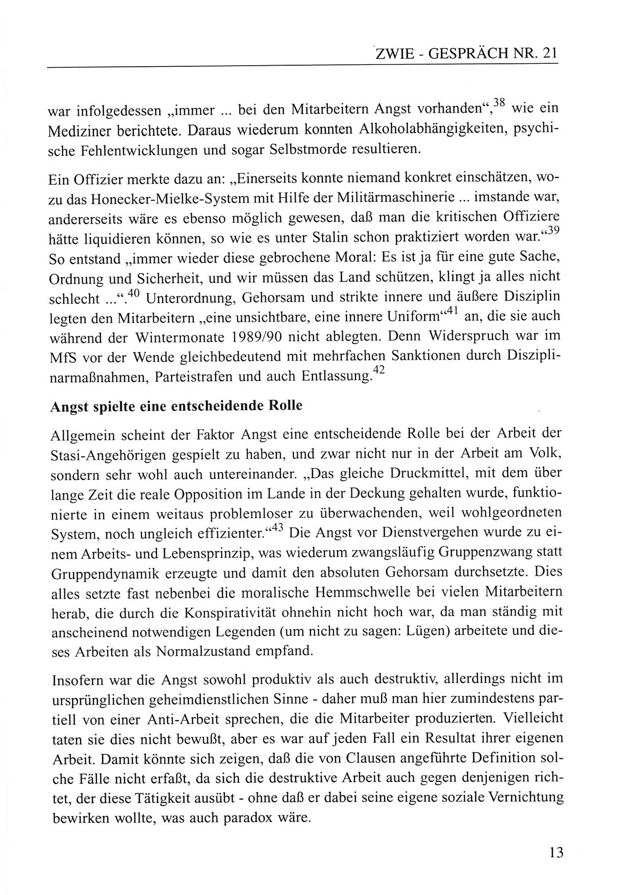 Zwie-Gespräch, Beiträge zum Umgang mit der Staatssicherheits-Vergangenheit [Deutsche Demokratische Republik (DDR)], Ausgabe Nr. 21, Berlin 1994, Seite 13 (Zwie-Gespr. Ausg. 21 1994, S. 13)