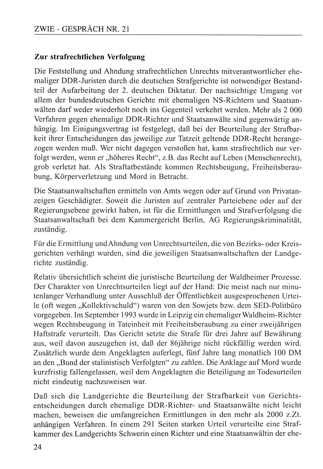 Zwie-Gespräch, Beiträge zum Umgang mit der Staatssicherheits-Vergangenheit [Deutsche Demokratische Republik (DDR)], Ausgabe Nr. 21, Berlin 1994, Seite 24 (Zwie-Gespr. Ausg. 21 1994, S. 24)