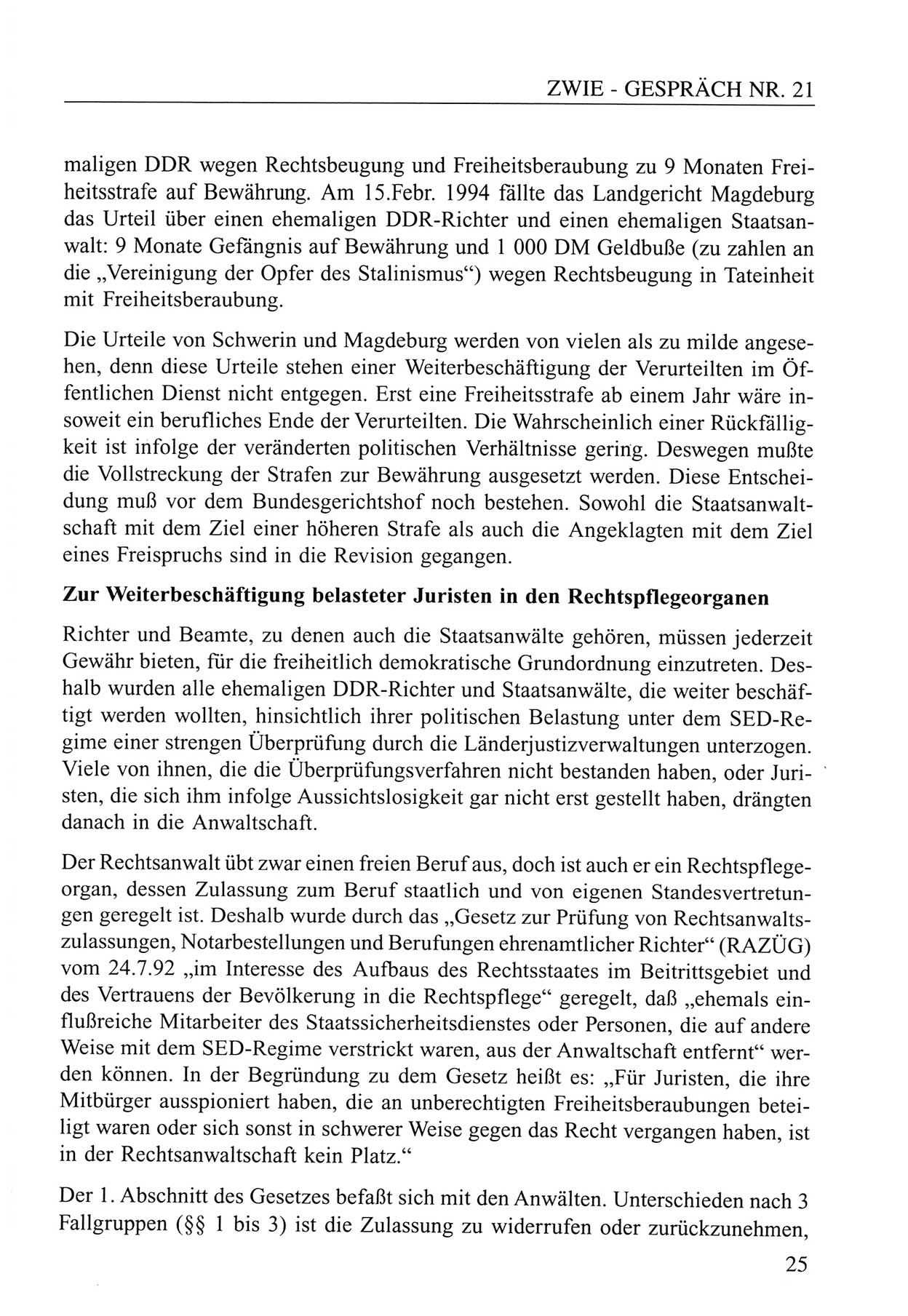 Zwie-Gespräch, Beiträge zum Umgang mit der Staatssicherheits-Vergangenheit [Deutsche Demokratische Republik (DDR)], Ausgabe Nr. 21, Berlin 1994, Seite 25 (Zwie-Gespr. Ausg. 21 1994, S. 25)