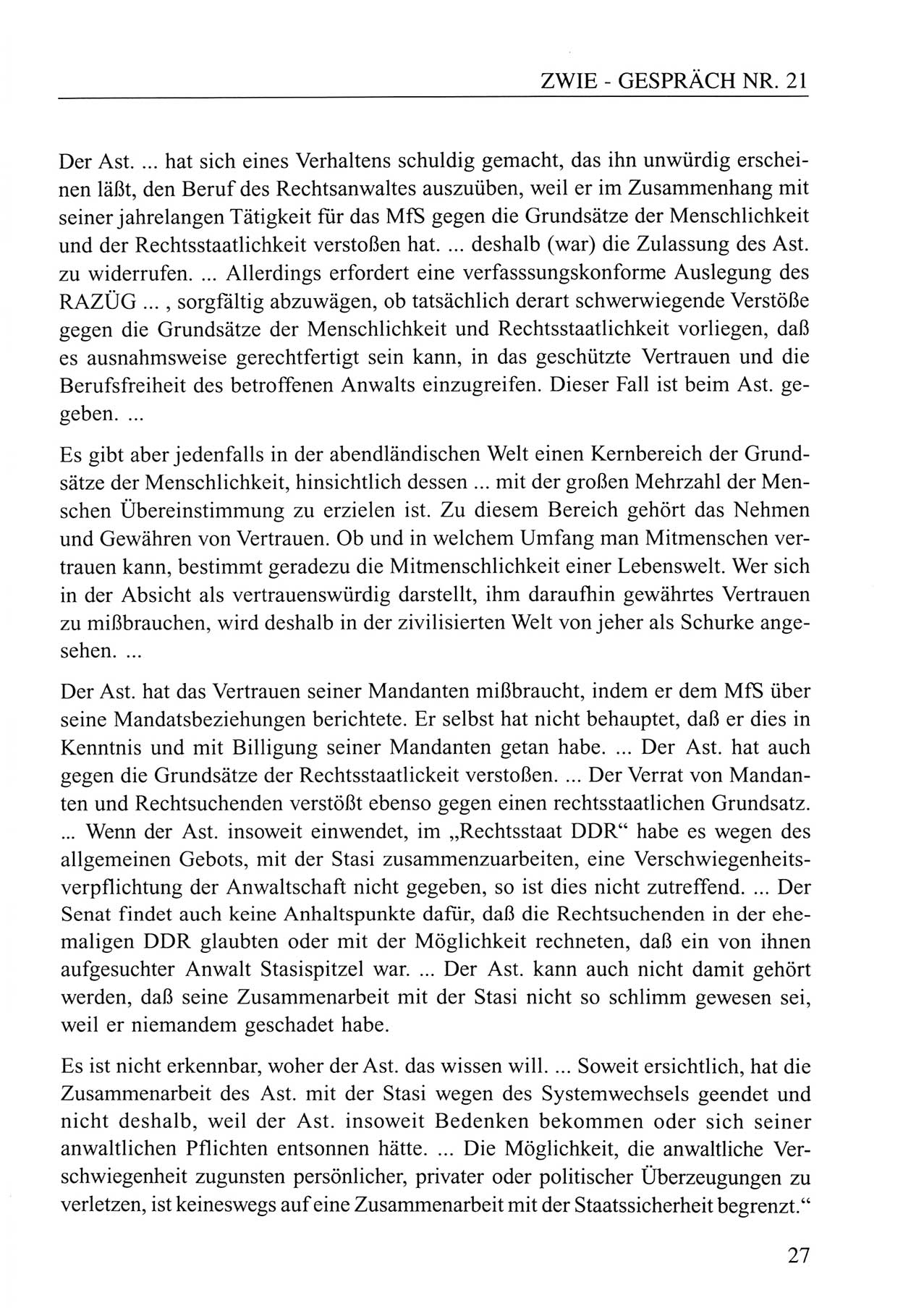 Zwie-Gespräch, Beiträge zum Umgang mit der Staatssicherheits-Vergangenheit [Deutsche Demokratische Republik (DDR)], Ausgabe Nr. 21, Berlin 1994, Seite 27 (Zwie-Gespr. Ausg. 21 1994, S. 27)