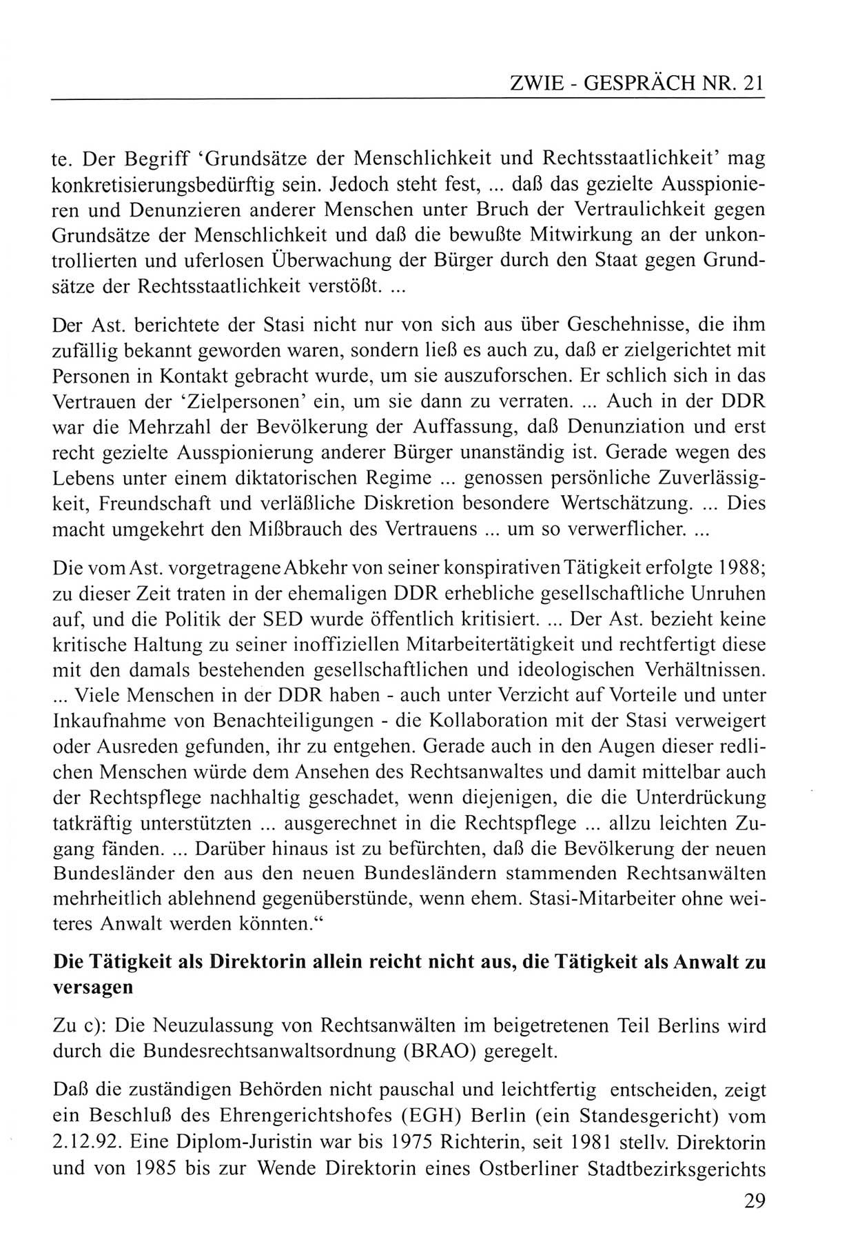 Zwie-Gespräch, Beiträge zum Umgang mit der Staatssicherheits-Vergangenheit [Deutsche Demokratische Republik (DDR)], Ausgabe Nr. 21, Berlin 1994, Seite 29 (Zwie-Gespr. Ausg. 21 1994, S. 29)