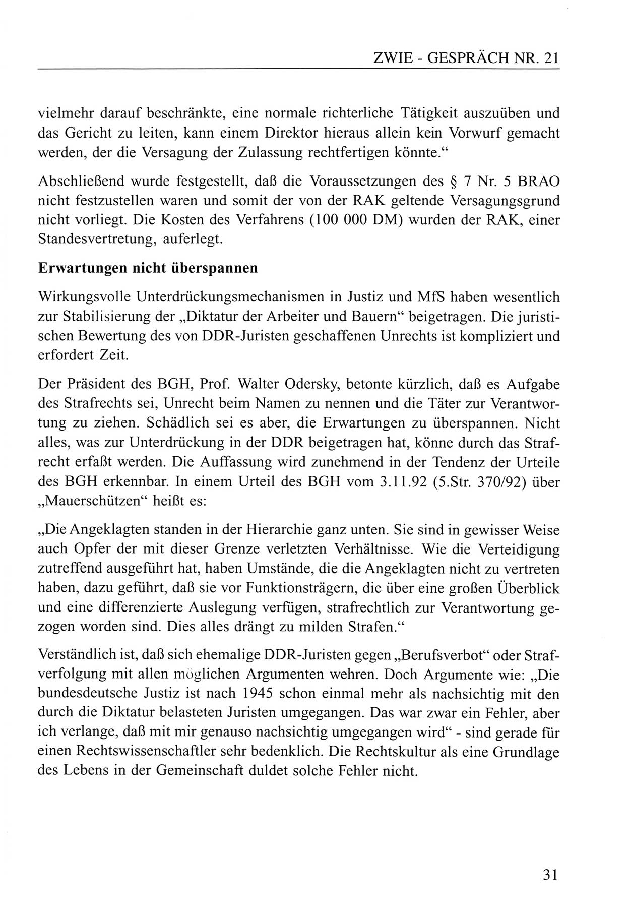Zwie-Gespräch, Beiträge zum Umgang mit der Staatssicherheits-Vergangenheit [Deutsche Demokratische Republik (DDR)], Ausgabe Nr. 21, Berlin 1994, Seite 31 (Zwie-Gespr. Ausg. 21 1994, S. 31)