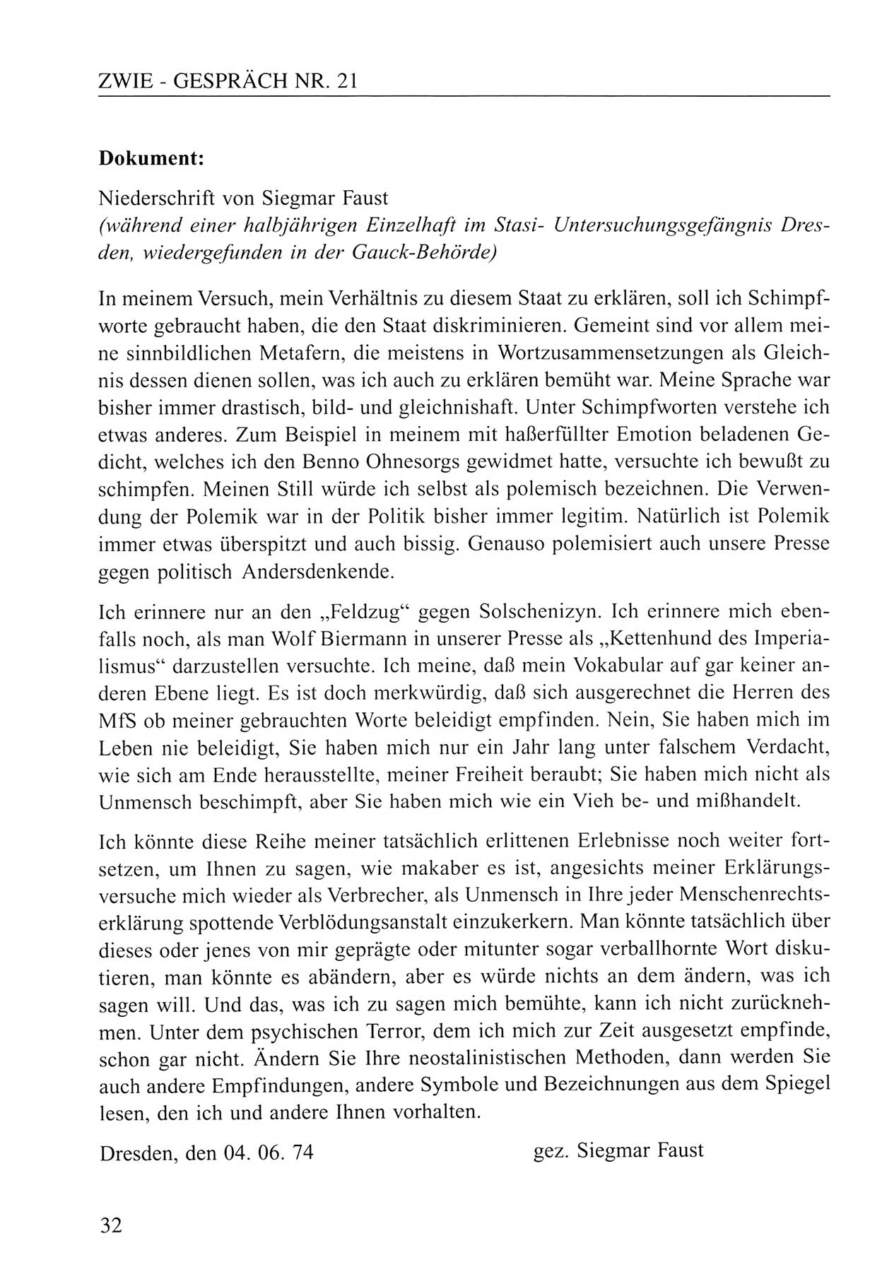 Zwie-Gespräch, Beiträge zum Umgang mit der Staatssicherheits-Vergangenheit [Deutsche Demokratische Republik (DDR)], Ausgabe Nr. 21, Berlin 1994, Seite 32 (Zwie-Gespr. Ausg. 21 1994, S. 32)