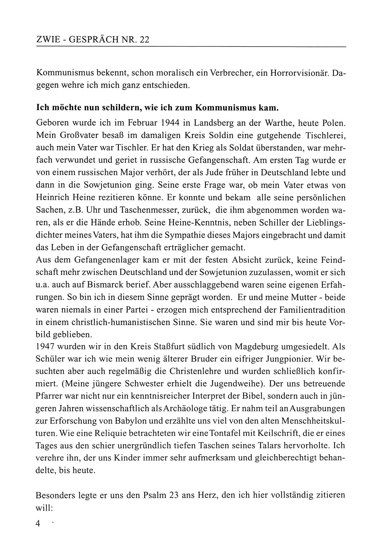 Zwie-Gespräch, Beiträge zum Umgang mit der Staatssicherheits-Vergangenheit [Deutsche Demokratische Republik (DDR)], Ausgabe Nr. 22, Berlin 1994, Seite 4 (Zwie-Gespr. Ausg. 22 1994, S. 4)