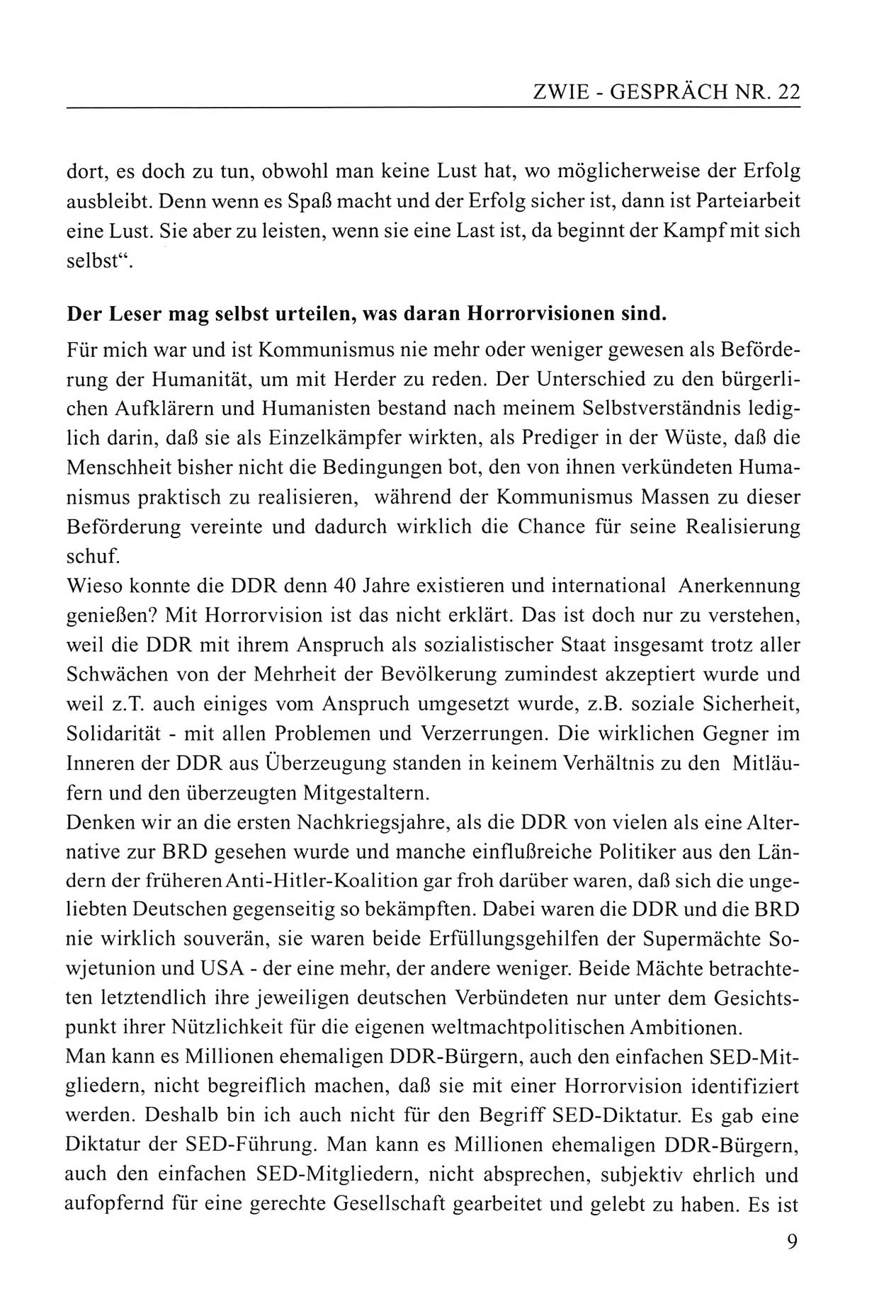 Zwie-Gespräch, Beiträge zum Umgang mit der Staatssicherheits-Vergangenheit [Deutsche Demokratische Republik (DDR)], Ausgabe Nr. 22, Berlin 1994, Seite 9 (Zwie-Gespr. Ausg. 22 1994, S. 9)