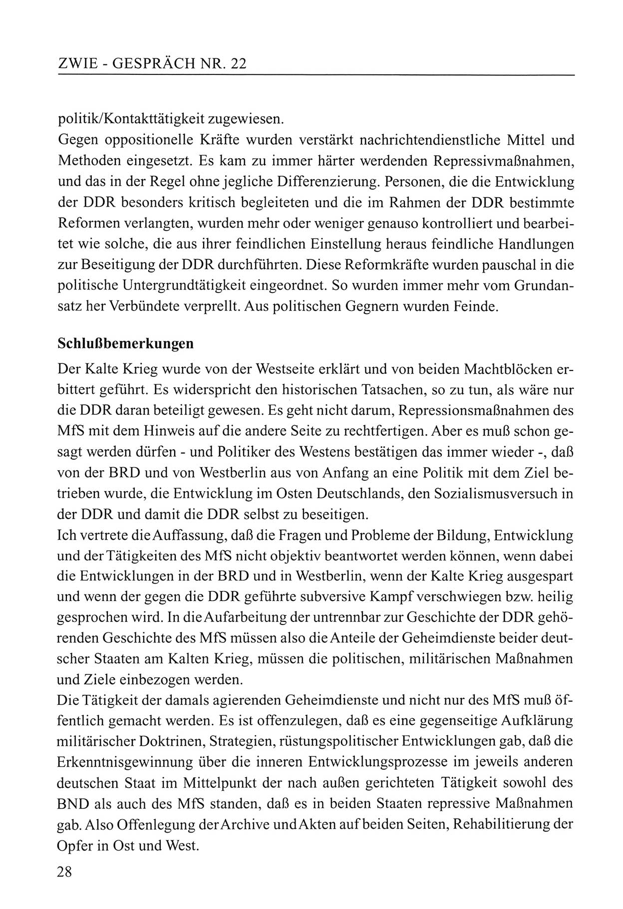 Zwie-Gespräch, Beiträge zum Umgang mit der Staatssicherheits-Vergangenheit [Deutsche Demokratische Republik (DDR)], Ausgabe Nr. 22, Berlin 1994, Seite 28 (Zwie-Gespr. Ausg. 22 1994, S. 28)