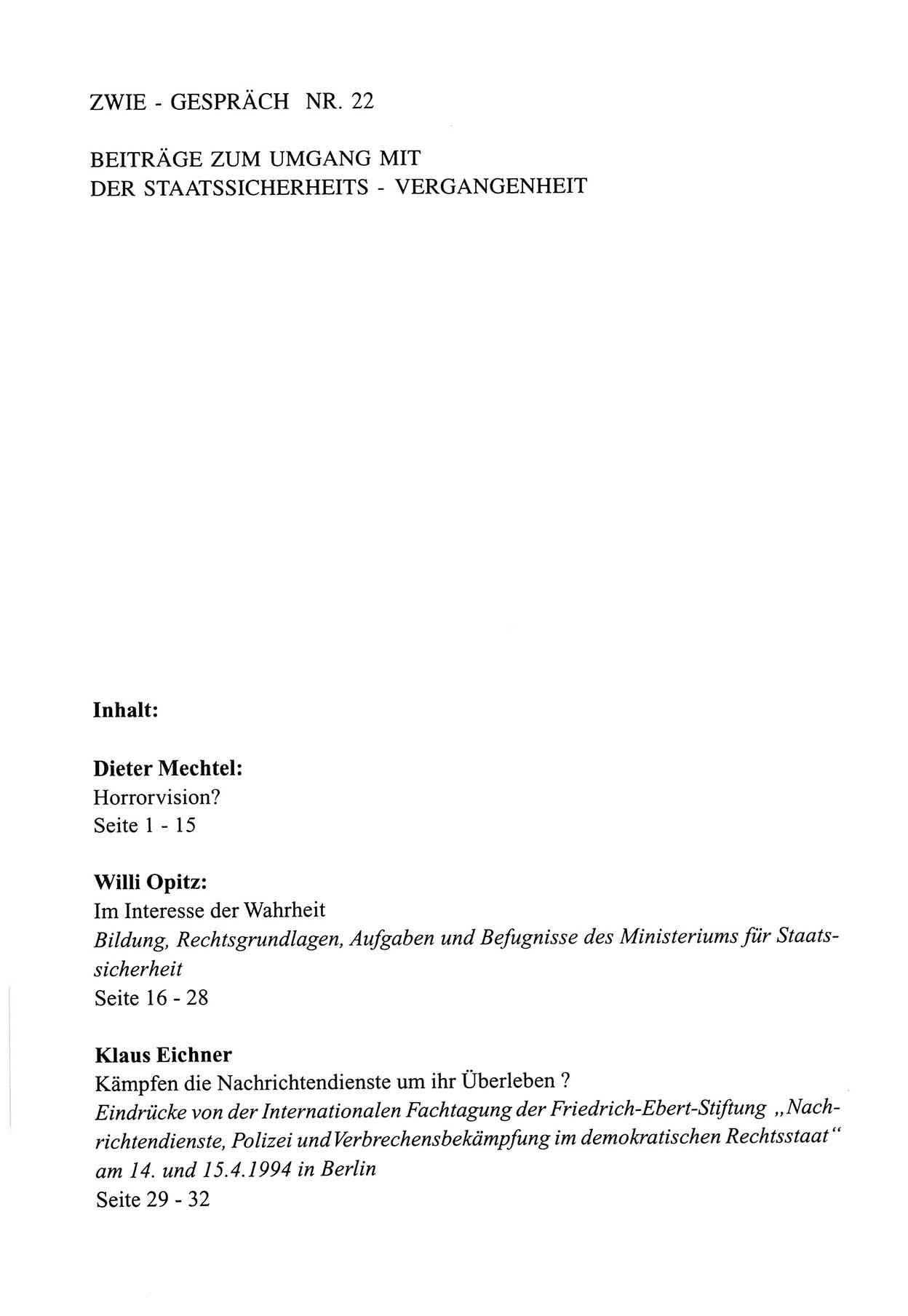 Zwie-Gespräch, Beiträge zum Umgang mit der Staatssicherheits-Vergangenheit [Deutsche Demokratische Republik (DDR)], Ausgabe Nr. 22, Berlin 1994, Seite 33 (Zwie-Gespr. Ausg. 22 1994, S. 33)