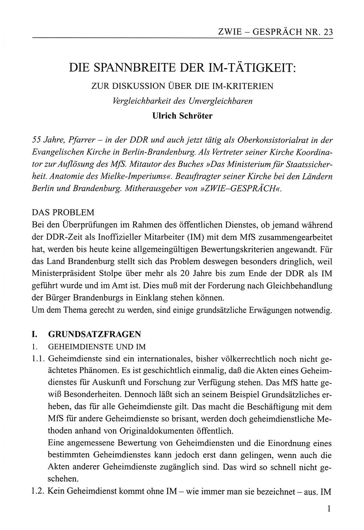 Zwie-Gespräch, Beiträge zum Umgang mit der Staatssicherheits-Vergangenheit [Deutsche Demokratische Republik (DDR)], Ausgabe Nr. 23, Berlin 1994, Seite 1 (Zwie-Gespr. Ausg. 23 1994, S. 1)