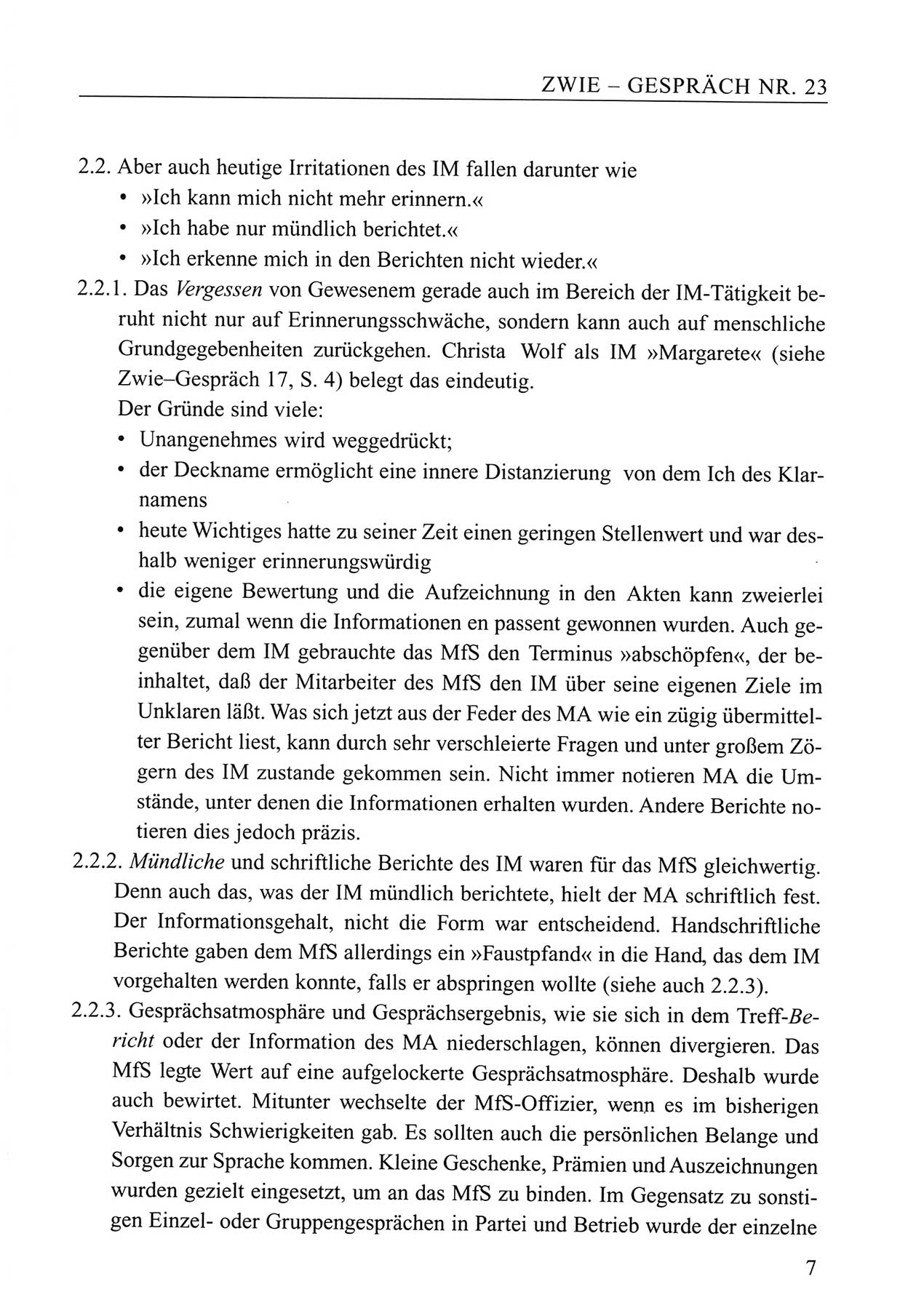 Zwie-Gespräch, Beiträge zum Umgang mit der Staatssicherheits-Vergangenheit [Deutsche Demokratische Republik (DDR)], Ausgabe Nr. 23, Berlin 1994, Seite 7 (Zwie-Gespr. Ausg. 23 1994, S. 7)