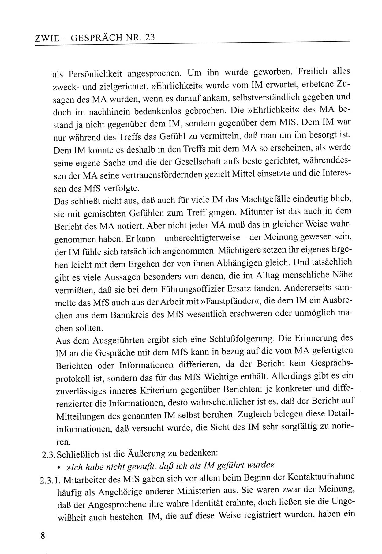 Zwie-Gespräch, Beiträge zum Umgang mit der Staatssicherheits-Vergangenheit [Deutsche Demokratische Republik (DDR)], Ausgabe Nr. 23, Berlin 1994, Seite 8 (Zwie-Gespr. Ausg. 23 1994, S. 8)