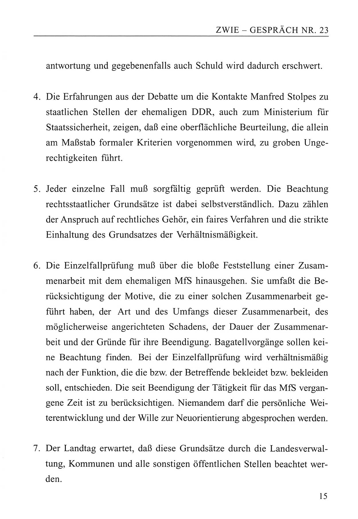 Zwie-GesprÃ¤ch, BeitrÃ¤ge zum Umgang mit der Staatssicherheits-Vergangenheit [Deutsche Demokratische Republik (DDR)], Ausgabe Nr. 23, Berlin 1994, Seite 15 (Zwie-Gespr. Ausg. 23 1994, S. 15)