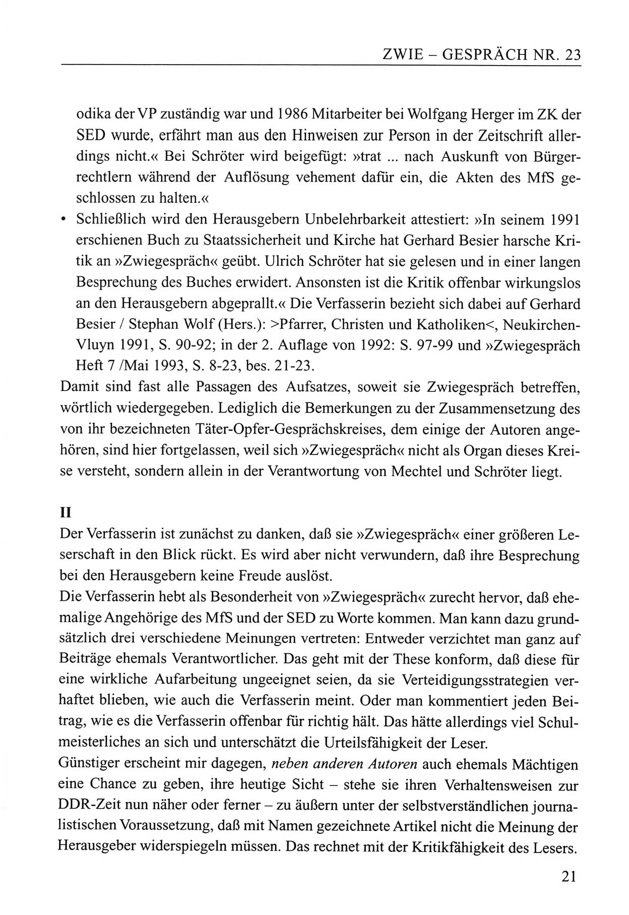 Zwie-Gespräch, Beiträge zum Umgang mit der Staatssicherheits-Vergangenheit [Deutsche Demokratische Republik (DDR)], Ausgabe Nr. 23, Berlin 1994, Seite 21 (Zwie-Gespr. Ausg. 23 1994, S. 21)