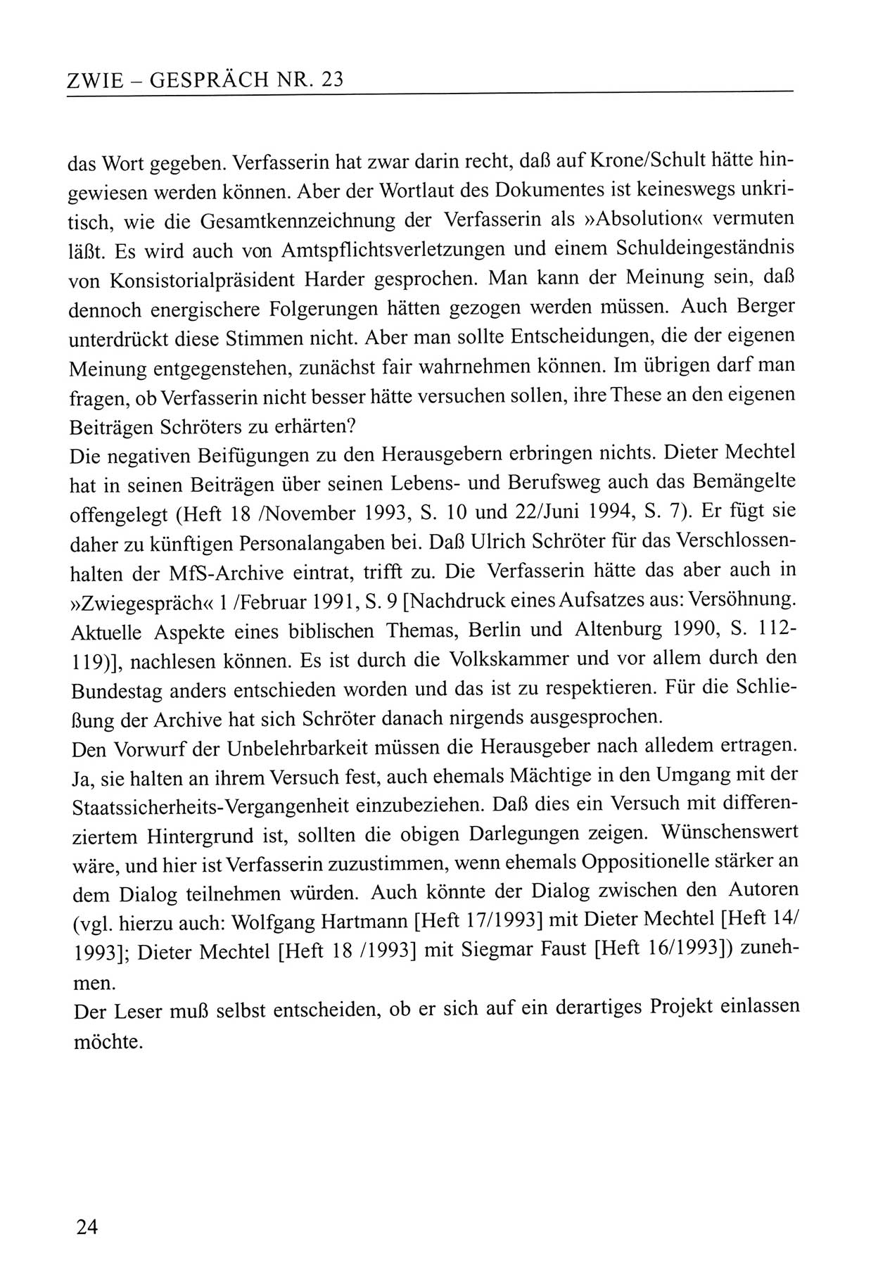 Zwie-Gespräch, Beiträge zum Umgang mit der Staatssicherheits-Vergangenheit [Deutsche Demokratische Republik (DDR)], Ausgabe Nr. 23, Berlin 1994, Seite 24 (Zwie-Gespr. Ausg. 23 1994, S. 24)