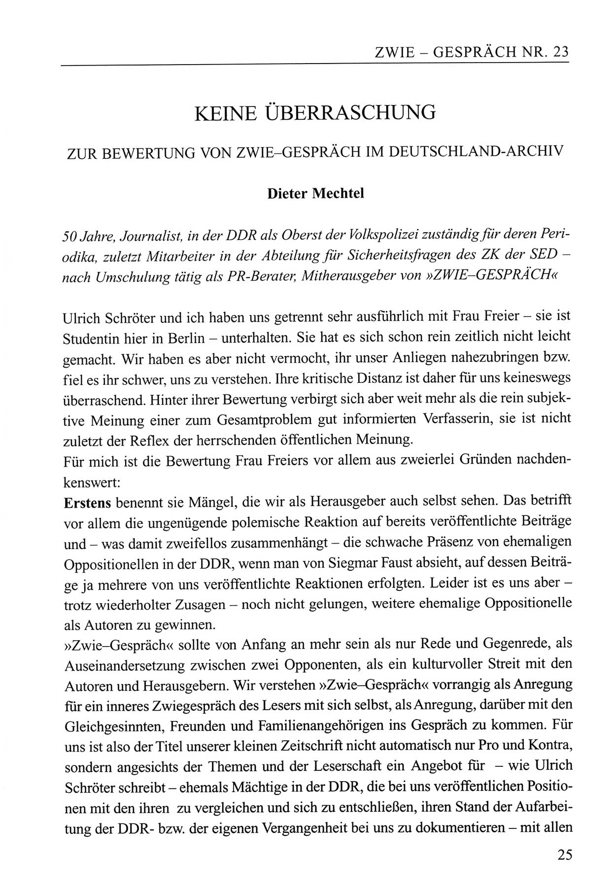 Zwie-Gespräch, Beiträge zum Umgang mit der Staatssicherheits-Vergangenheit [Deutsche Demokratische Republik (DDR)], Ausgabe Nr. 23, Berlin 1994, Seite 25 (Zwie-Gespr. Ausg. 23 1994, S. 25)