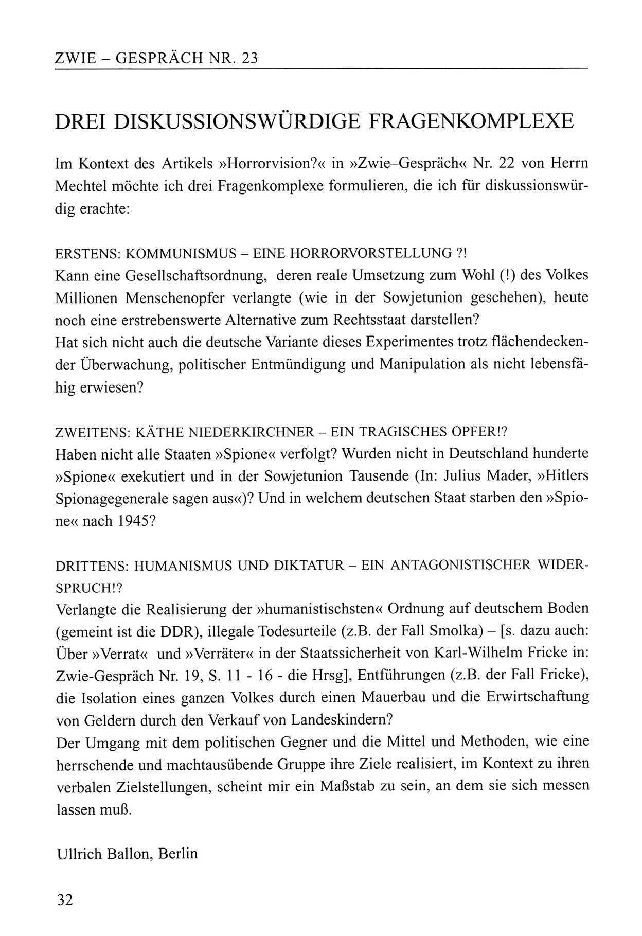 Zwie-Gespräch, Beiträge zum Umgang mit der Staatssicherheits-Vergangenheit [Deutsche Demokratische Republik (DDR)], Ausgabe Nr. 23, Berlin 1994, Seite 32 (Zwie-Gespr. Ausg. 23 1994, S. 32)