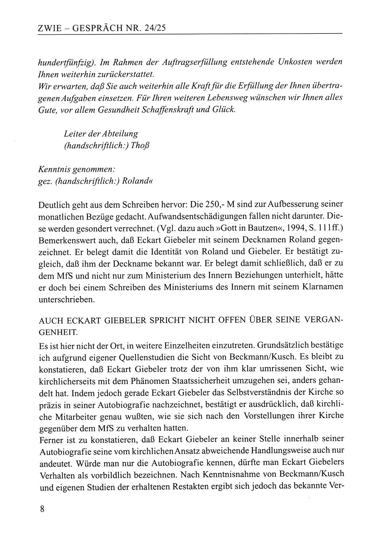 Zwie-Gespräch, Beiträge zum Umgang mit der Staatssicherheits-Vergangenheit [Deutsche Demokratische Republik (DDR)], Ausgabe Nr. 24/25, Berlin 1994, Seite 8 (Zwie-Gespr. Ausg. 24/25 1994, S. 8)