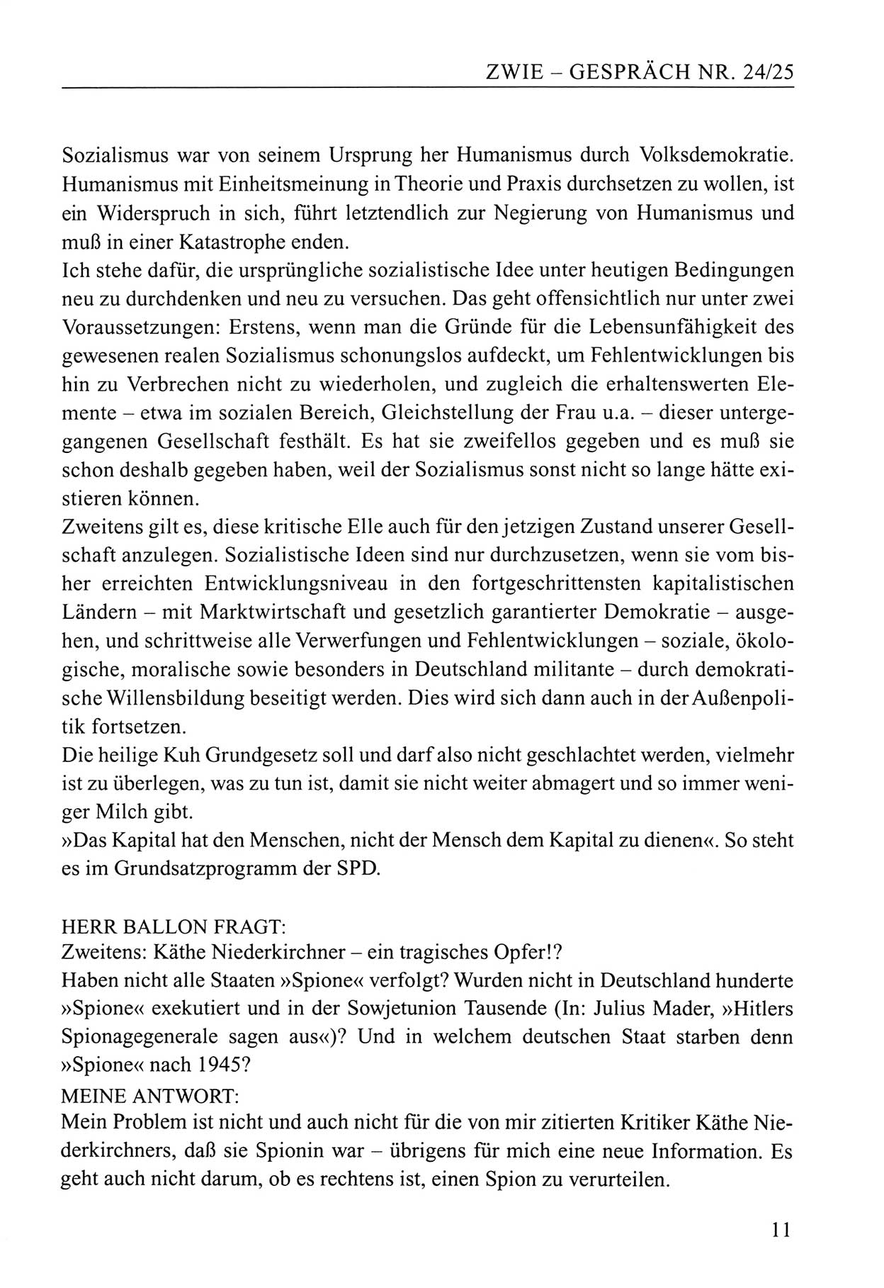 Zwie-Gespräch, Beiträge zum Umgang mit der Staatssicherheits-Vergangenheit [Deutsche Demokratische Republik (DDR)], Ausgabe Nr. 24/25, Berlin 1994, Seite 11 (Zwie-Gespr. Ausg. 24/25 1994, S. 11)