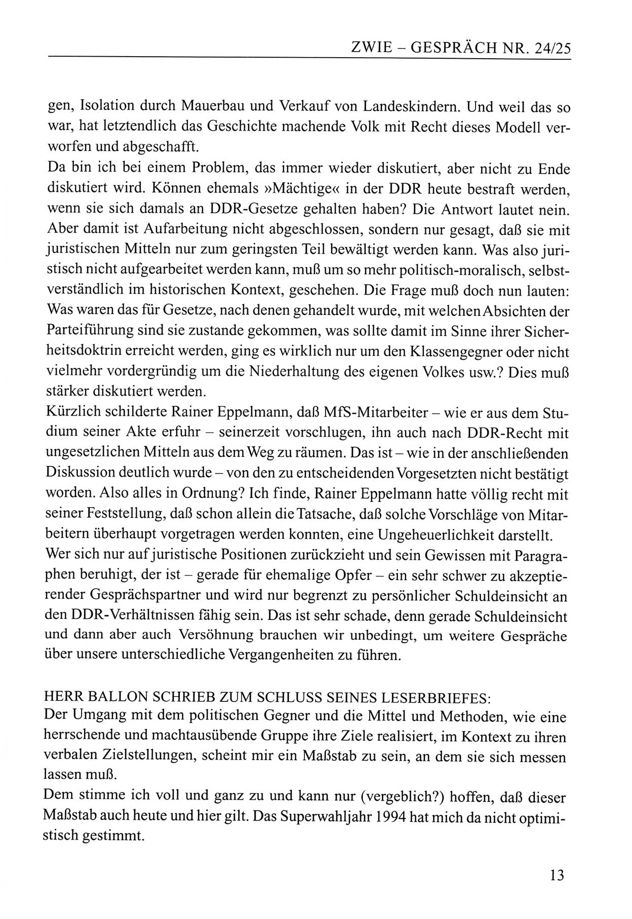 Zwie-Gespräch, Beiträge zum Umgang mit der Staatssicherheits-Vergangenheit [Deutsche Demokratische Republik (DDR)], Ausgabe Nr. 24/25, Berlin 1994, Seite 13 (Zwie-Gespr. Ausg. 24/25 1994, S. 13)