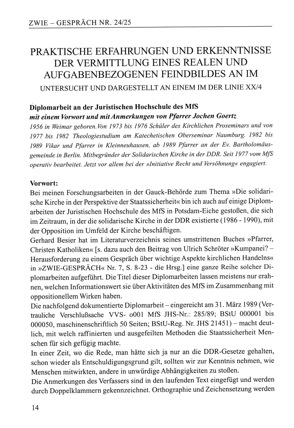 Zwie-Gespräch, Beiträge zum Umgang mit der Staatssicherheits-Vergangenheit [Deutsche Demokratische Republik (DDR)], Ausgabe Nr. 24/25, Berlin 1994, Seite 14 (Zwie-Gespr. Ausg. 24/25 1994, S. 14)