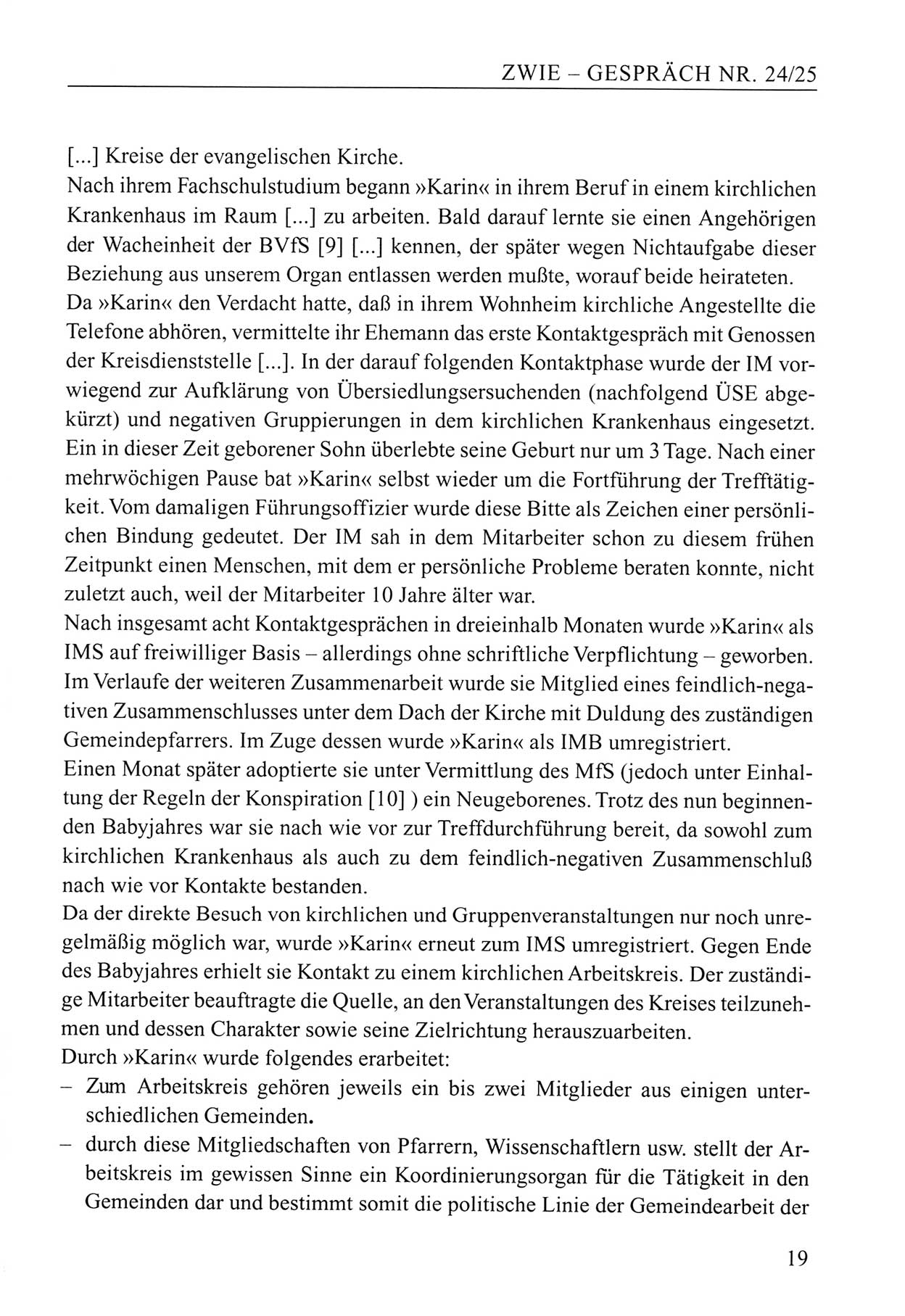 Zwie-Gespräch, Beiträge zum Umgang mit der Staatssicherheits-Vergangenheit [Deutsche Demokratische Republik (DDR)], Ausgabe Nr. 24/25, Berlin 1994, Seite 19 (Zwie-Gespr. Ausg. 24/25 1994, S. 19)