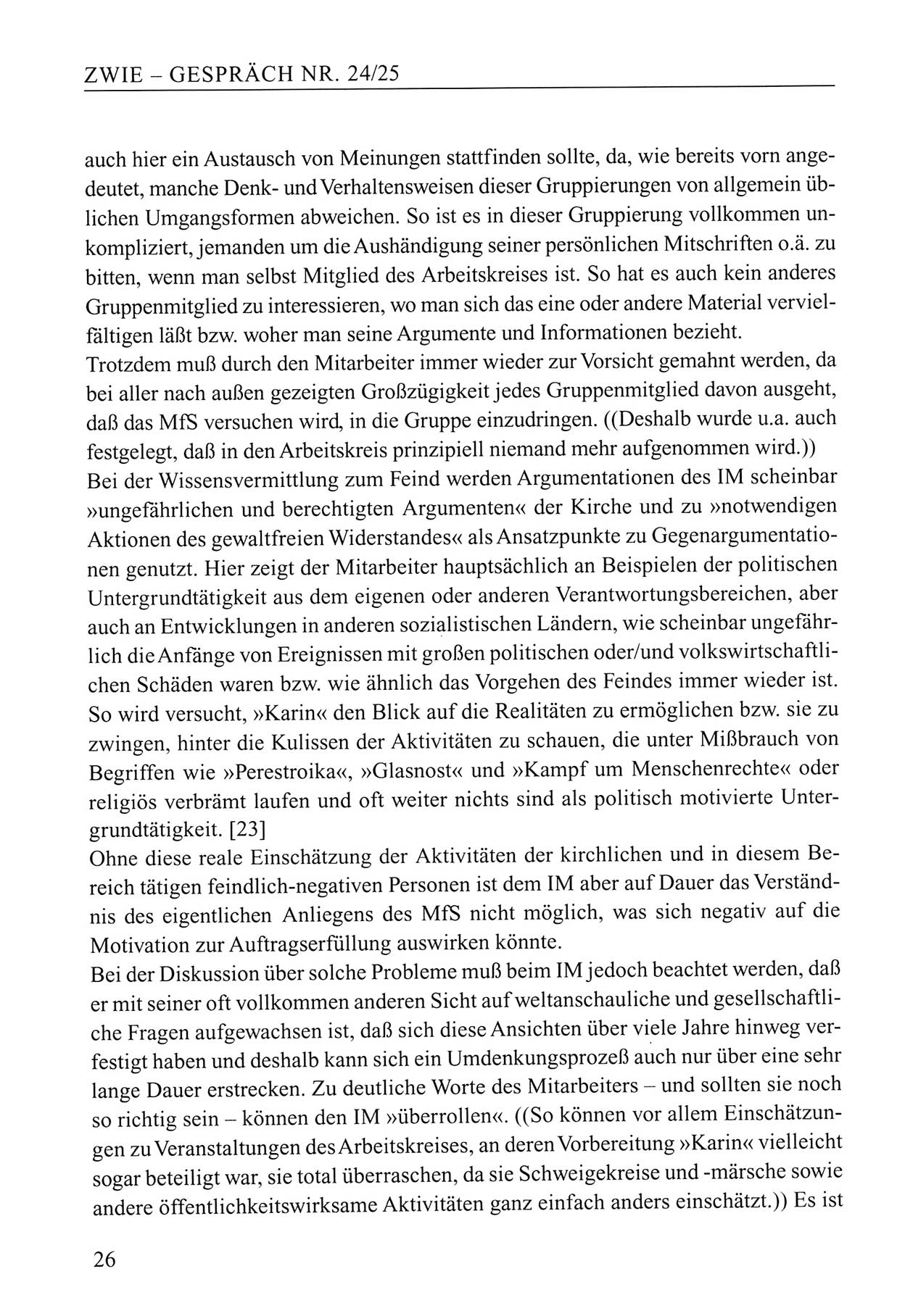 Zwie-Gespräch, Beiträge zum Umgang mit der Staatssicherheits-Vergangenheit [Deutsche Demokratische Republik (DDR)], Ausgabe Nr. 24/25, Berlin 1994, Seite 26 (Zwie-Gespr. Ausg. 24/25 1994, S. 26)