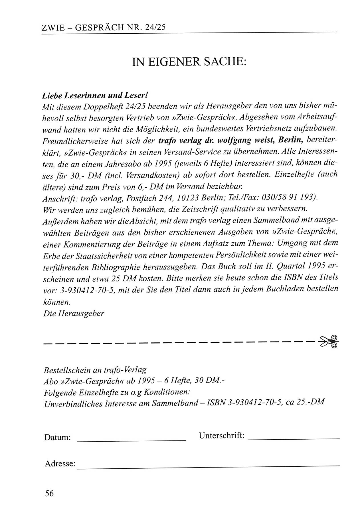 Zwie-Gespräch, Beiträge zum Umgang mit der Staatssicherheits-Vergangenheit [Deutsche Demokratische Republik (DDR)], Ausgabe Nr. 24/25, Berlin 1994, Seite 56 (Zwie-Gespr. Ausg. 24/25 1994, S. 56)