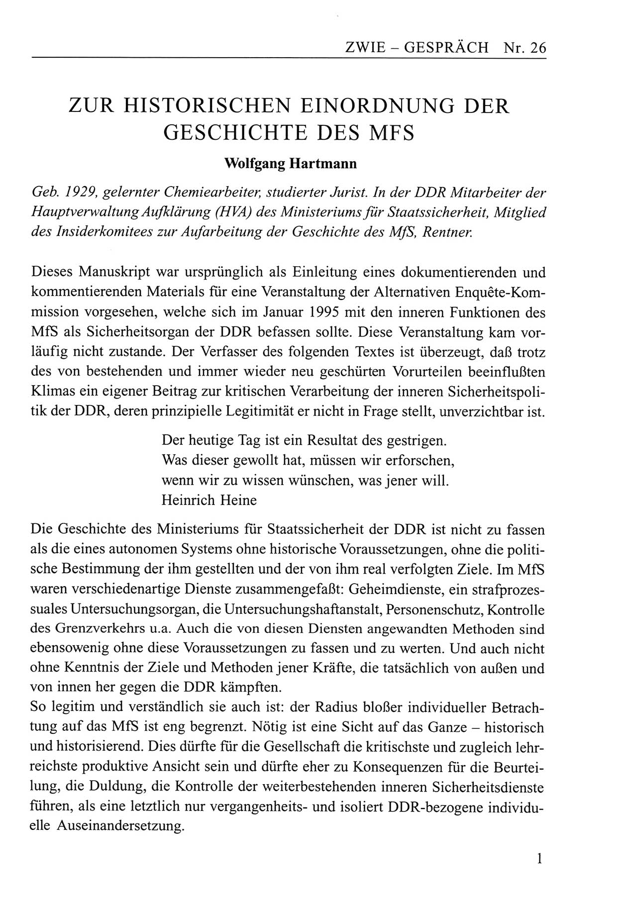 Zwie-Gespräch, Beiträge zum Umgang mit der Staatssicherheits-Vergangenheit [Deutsche Demokratische Republik (DDR)], Ausgabe Nr. 26, Berlin 1995, Seite 1 (Zwie-Gespr. Ausg. 26 1995, S. 1)