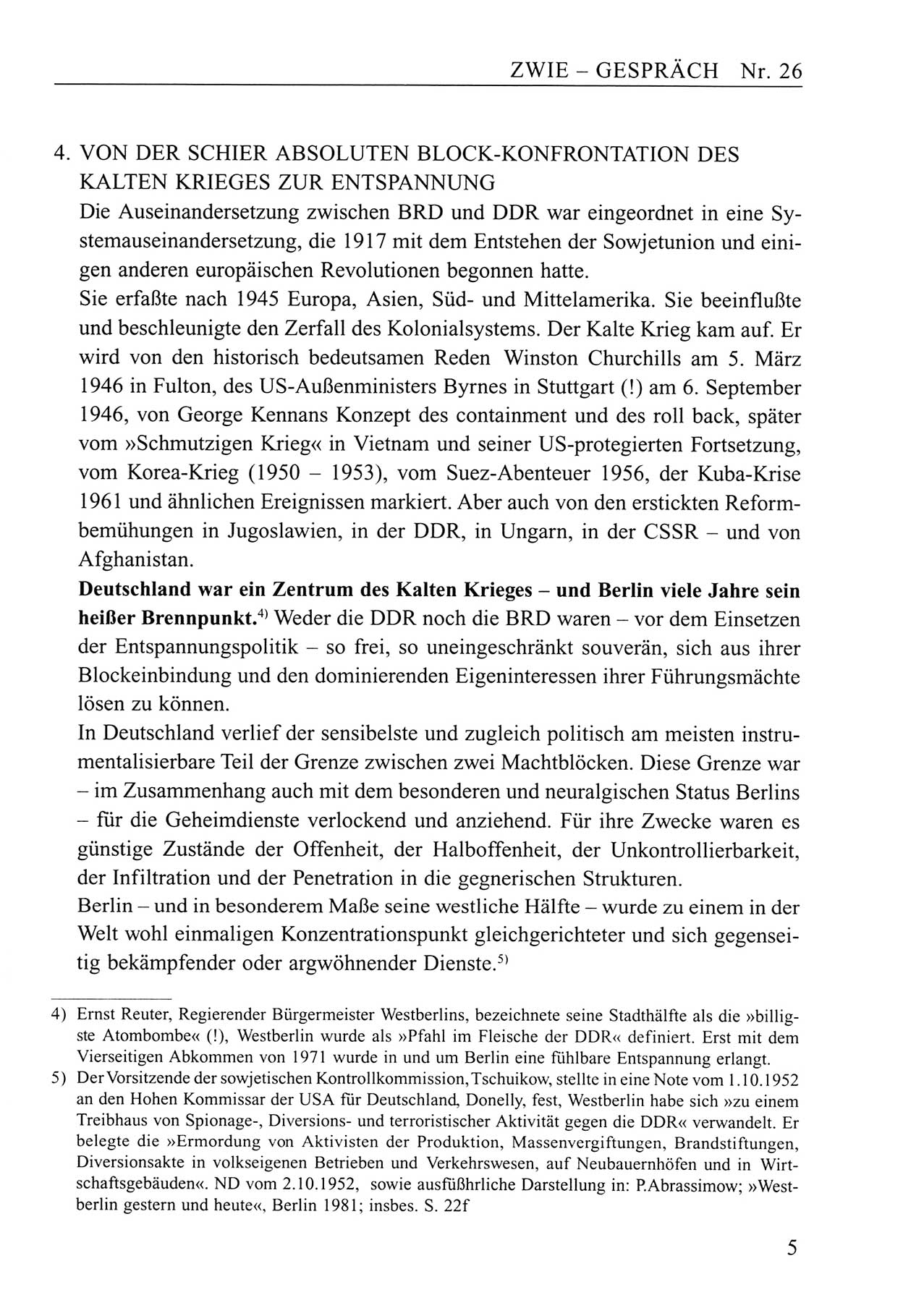 Zwie-Gespräch, Beiträge zum Umgang mit der Staatssicherheits-Vergangenheit [Deutsche Demokratische Republik (DDR)], Ausgabe Nr. 26, Berlin 1995, Seite 5 (Zwie-Gespr. Ausg. 26 1995, S. 5)