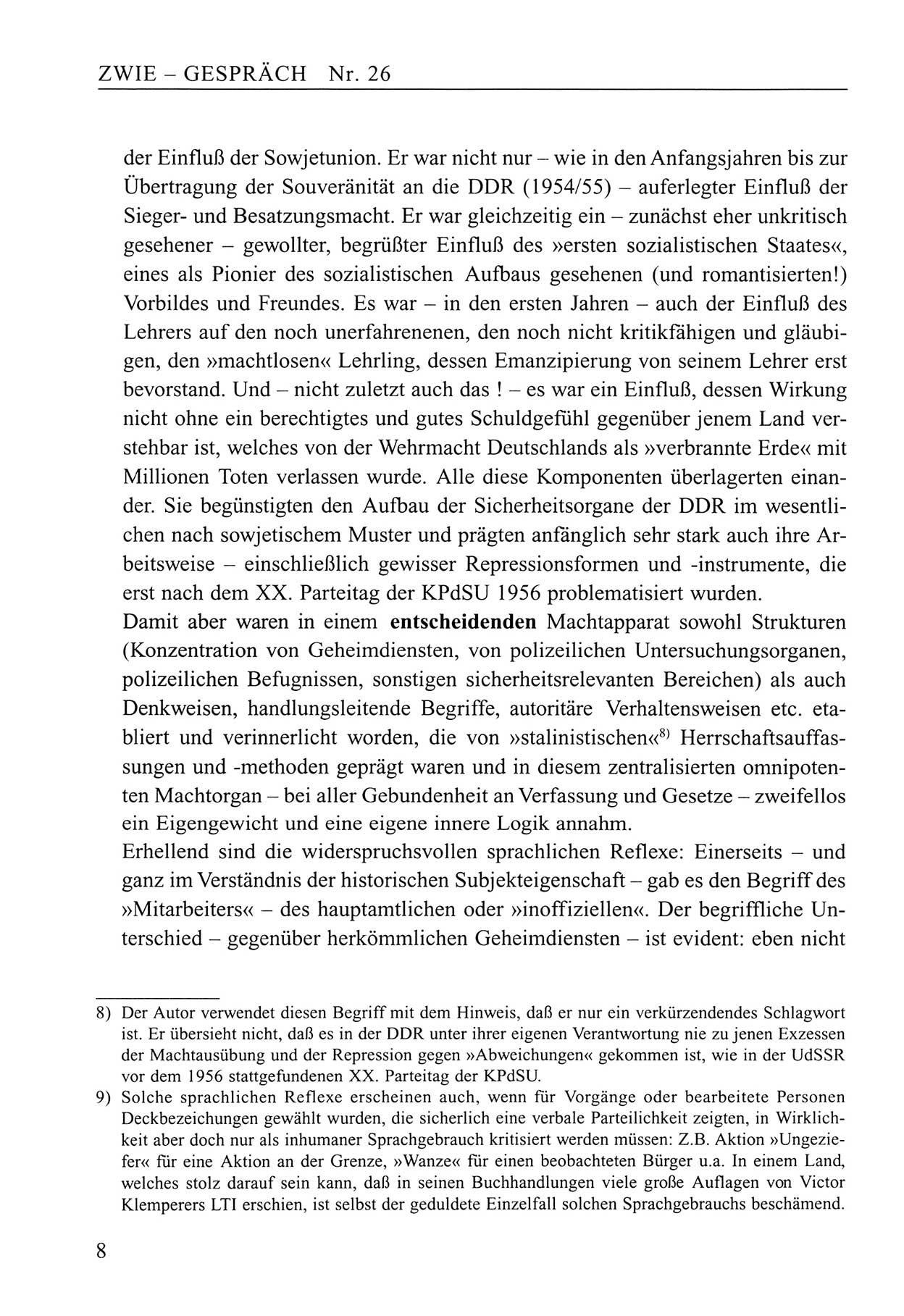 Zwie-Gespräch, Beiträge zum Umgang mit der Staatssicherheits-Vergangenheit [Deutsche Demokratische Republik (DDR)], Ausgabe Nr. 26, Berlin 1995, Seite 8 (Zwie-Gespr. Ausg. 26 1995, S. 8)