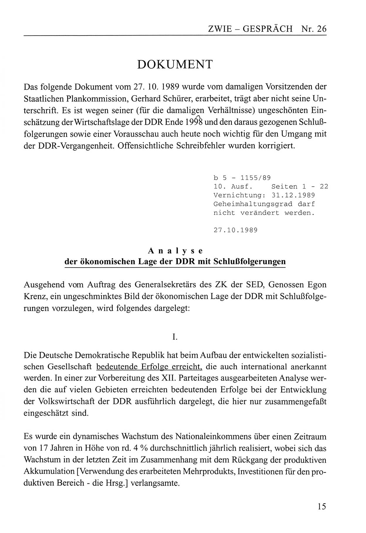 Zwie-Gespräch, Beiträge zum Umgang mit der Staatssicherheits-Vergangenheit [Deutsche Demokratische Republik (DDR)], Ausgabe Nr. 26, Berlin 1995, Seite 15 (Zwie-Gespr. Ausg. 26 1995, S. 15)