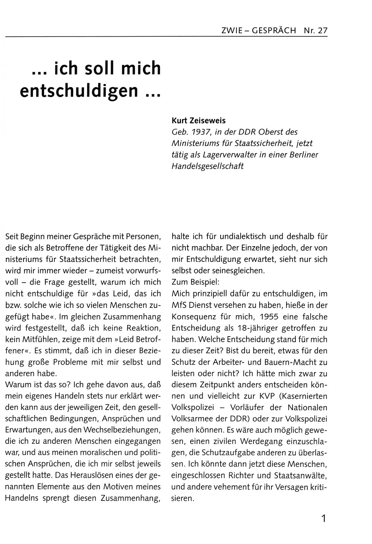 Zwie-Gespräch, Beiträge zum Umgang mit der Staatssicherheits-Vergangenheit [Deutsche Demokratische Republik (DDR)], Ausgabe Nr. 27, Berlin 1995, Seite 1 (Zwie-Gespr. Ausg. 27 1995, S. 1)