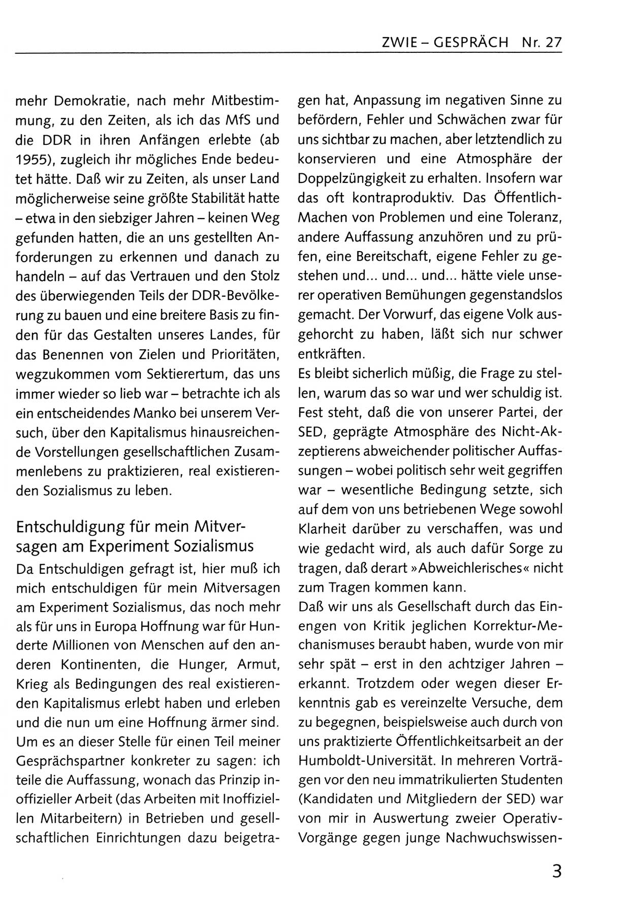 Zwie-Gespräch, Beiträge zum Umgang mit der Staatssicherheits-Vergangenheit [Deutsche Demokratische Republik (DDR)], Ausgabe Nr. 27, Berlin 1995, Seite 3 (Zwie-Gespr. Ausg. 27 1995, S. 3)