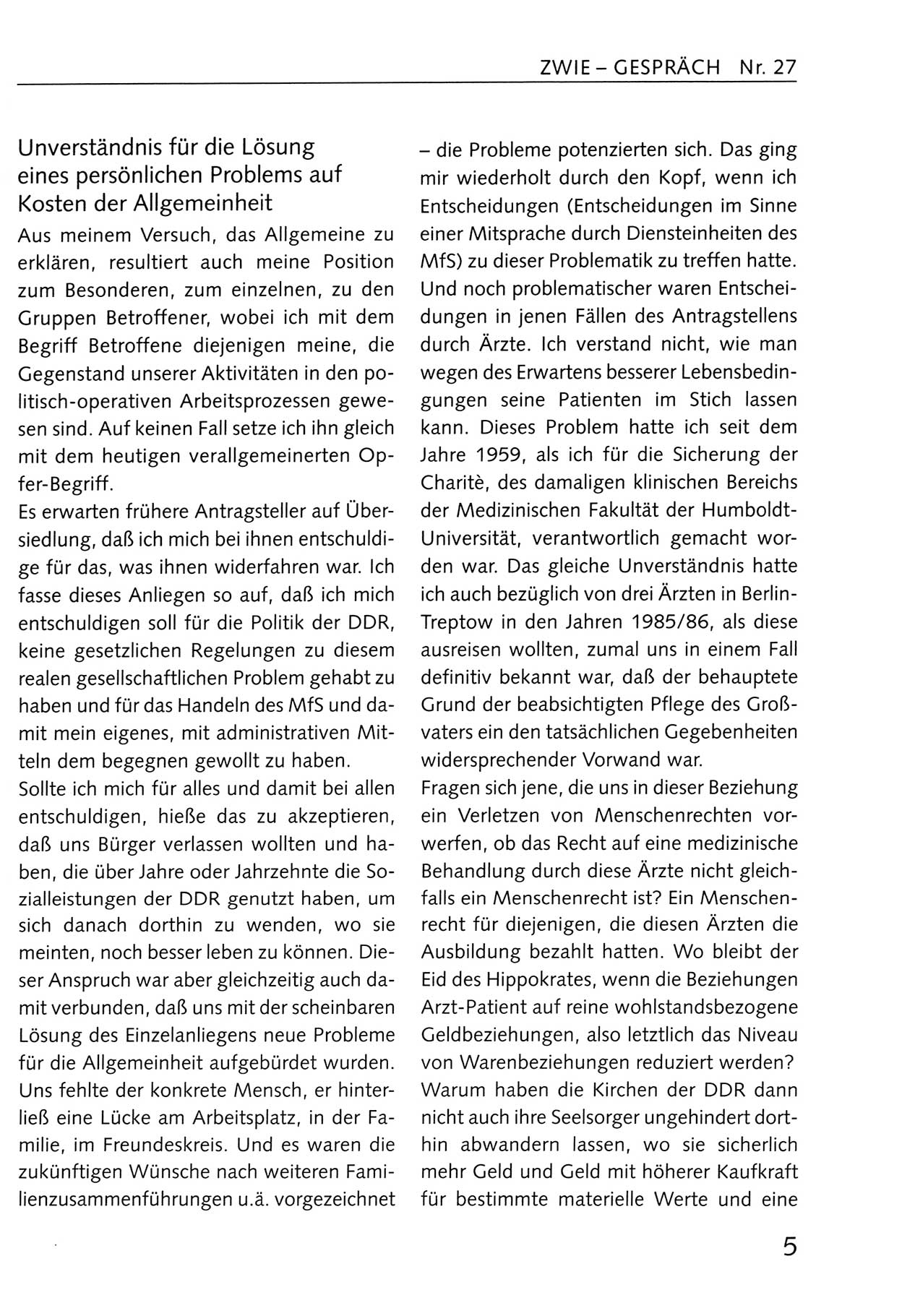 Zwie-Gespräch, Beiträge zum Umgang mit der Staatssicherheits-Vergangenheit [Deutsche Demokratische Republik (DDR)], Ausgabe Nr. 27, Berlin 1995, Seite 5 (Zwie-Gespr. Ausg. 27 1995, S. 5)